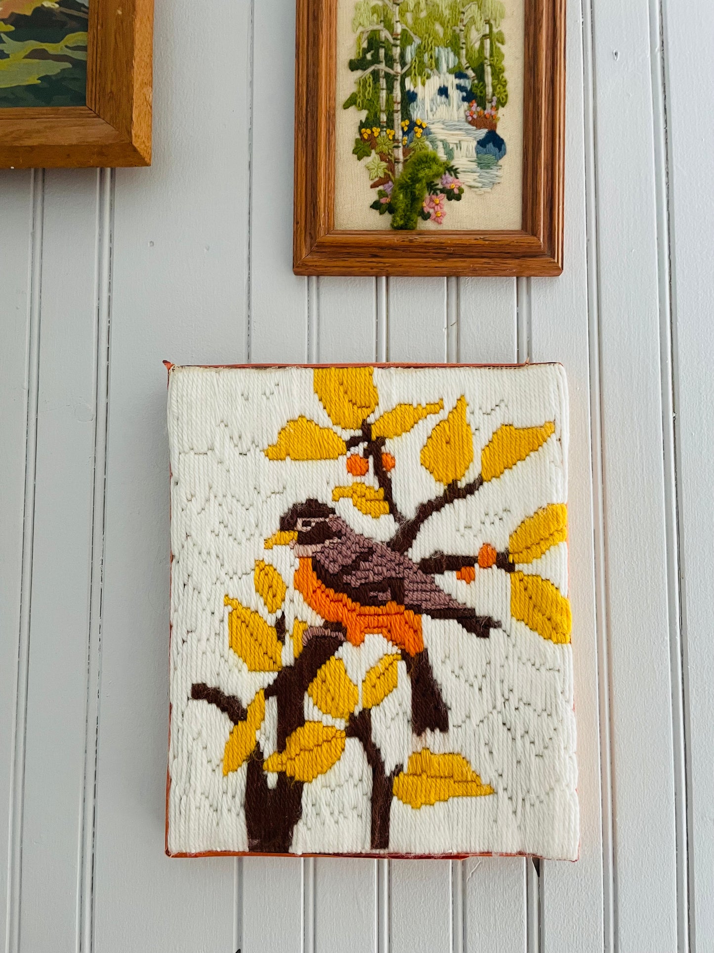 Crewel Embroidery Picture of Robin Bird in Tree