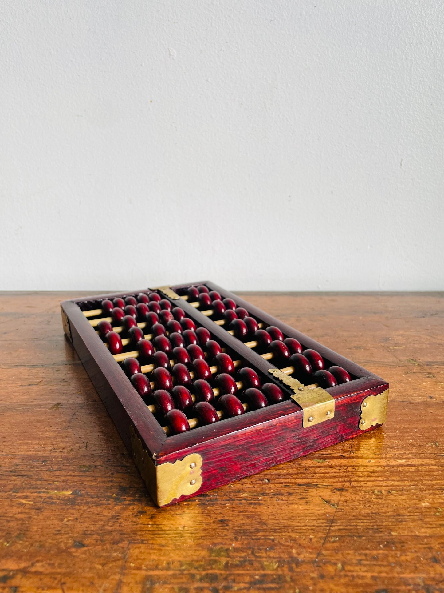 Vintage Red Lion Brand Chinese Suanpan Wood Abacus with Brass Details