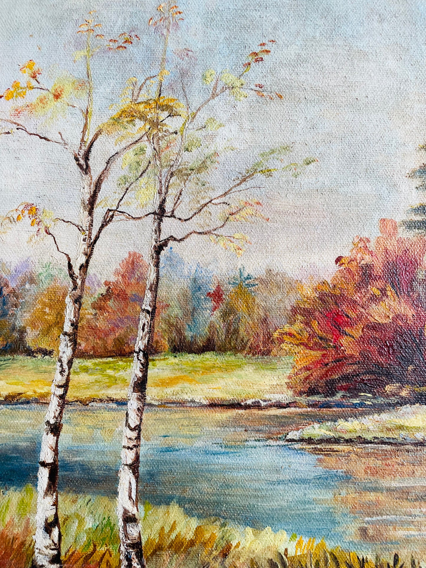 Original Art - Autumn Nature Scene Painting with Forest & Stream - Signed A. Miller