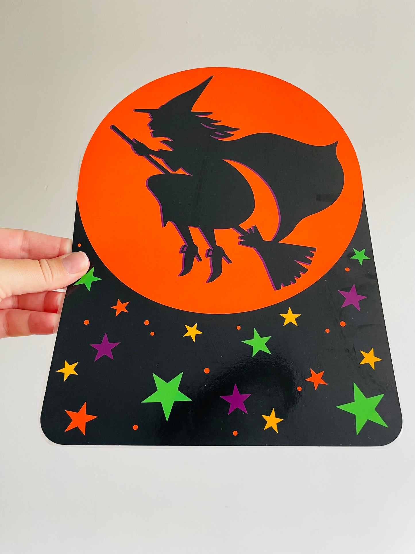 Laminated Cardboard Cutout Halloween Decoration - Witch on Broomstick with Full Moon & Stars - 1991 Hallmark