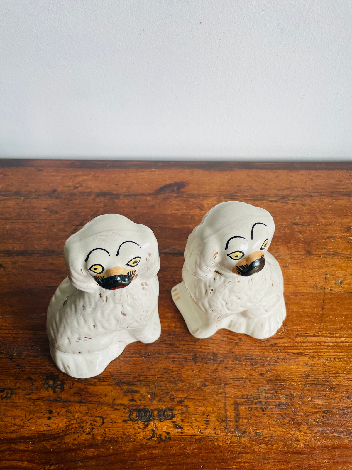 Vintage Staffordshire Fireplace Mantle Dogs - White Spaniel Statue Figurines - Set of 2 - Please Read