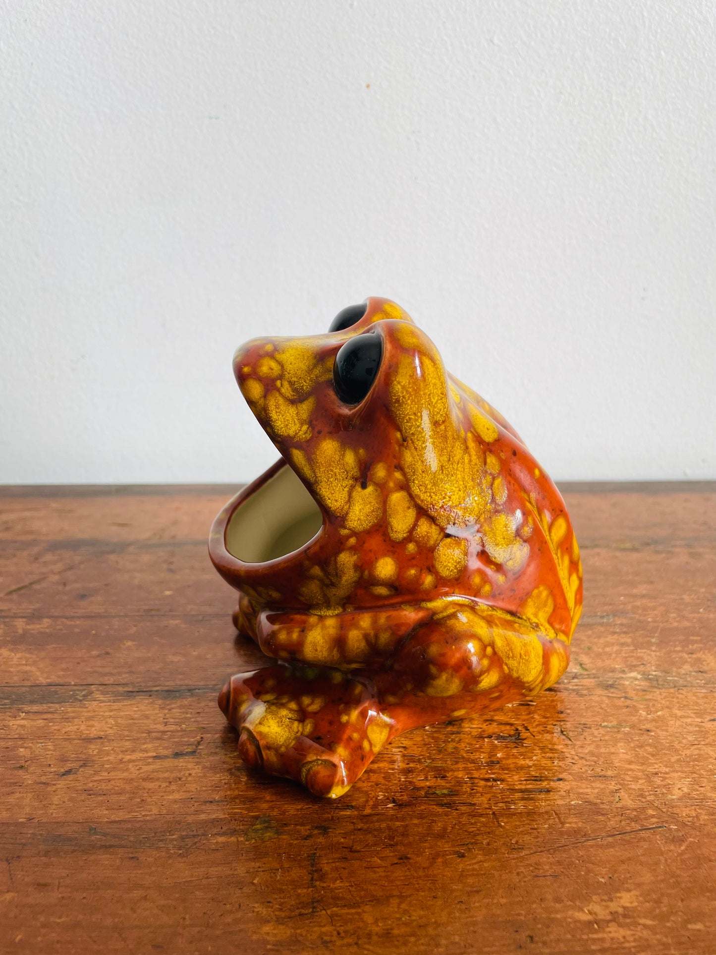 Vintage 1979 Wide Mouthed Frog Scrubbie / Scrubby Sponge Holder - Brown & Yellow Acid Drip Glaze