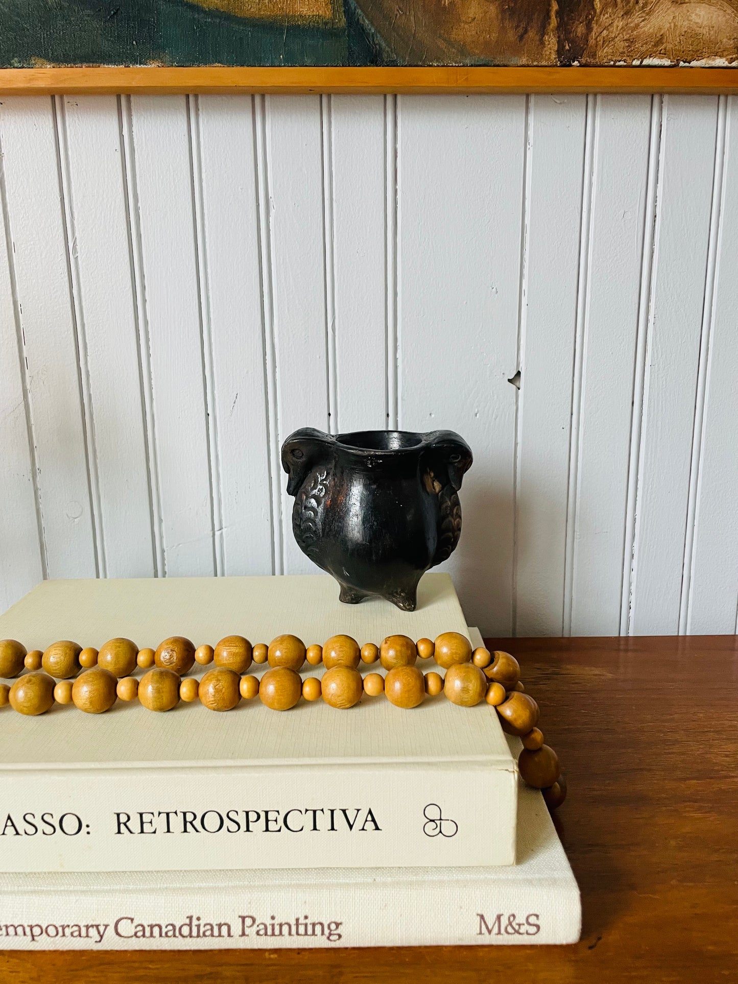 Barro Negro Black Clay Pottery from Oaxaca Mexico - Vase Cup with Tripod Feet & Turkey Bird Design