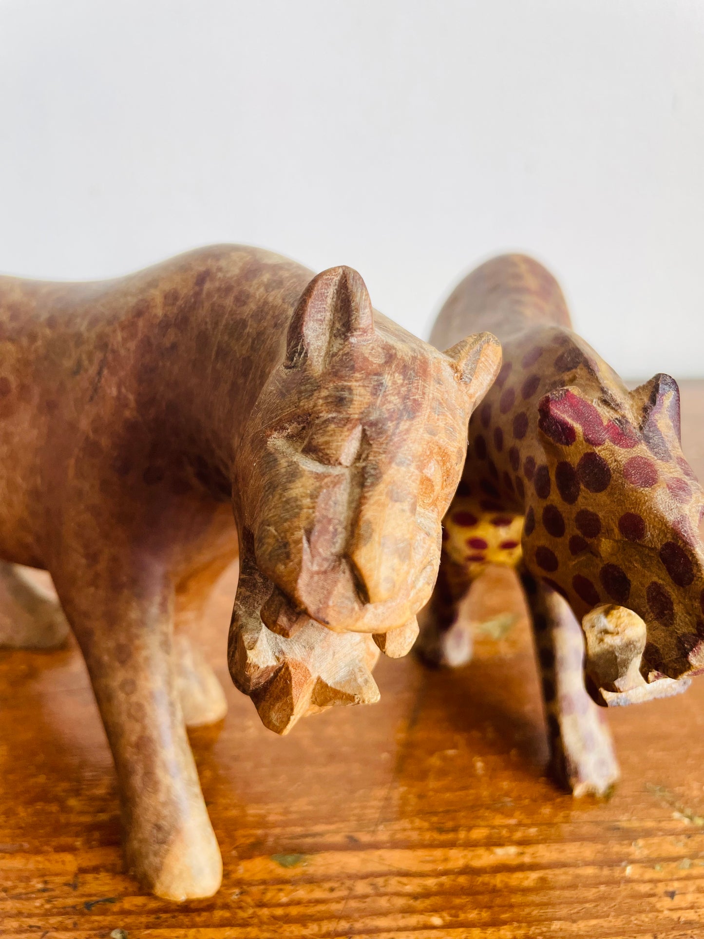 Vintage Hand Carved Wood Prowling Spotted Leopard Big Cats - Set of 2
