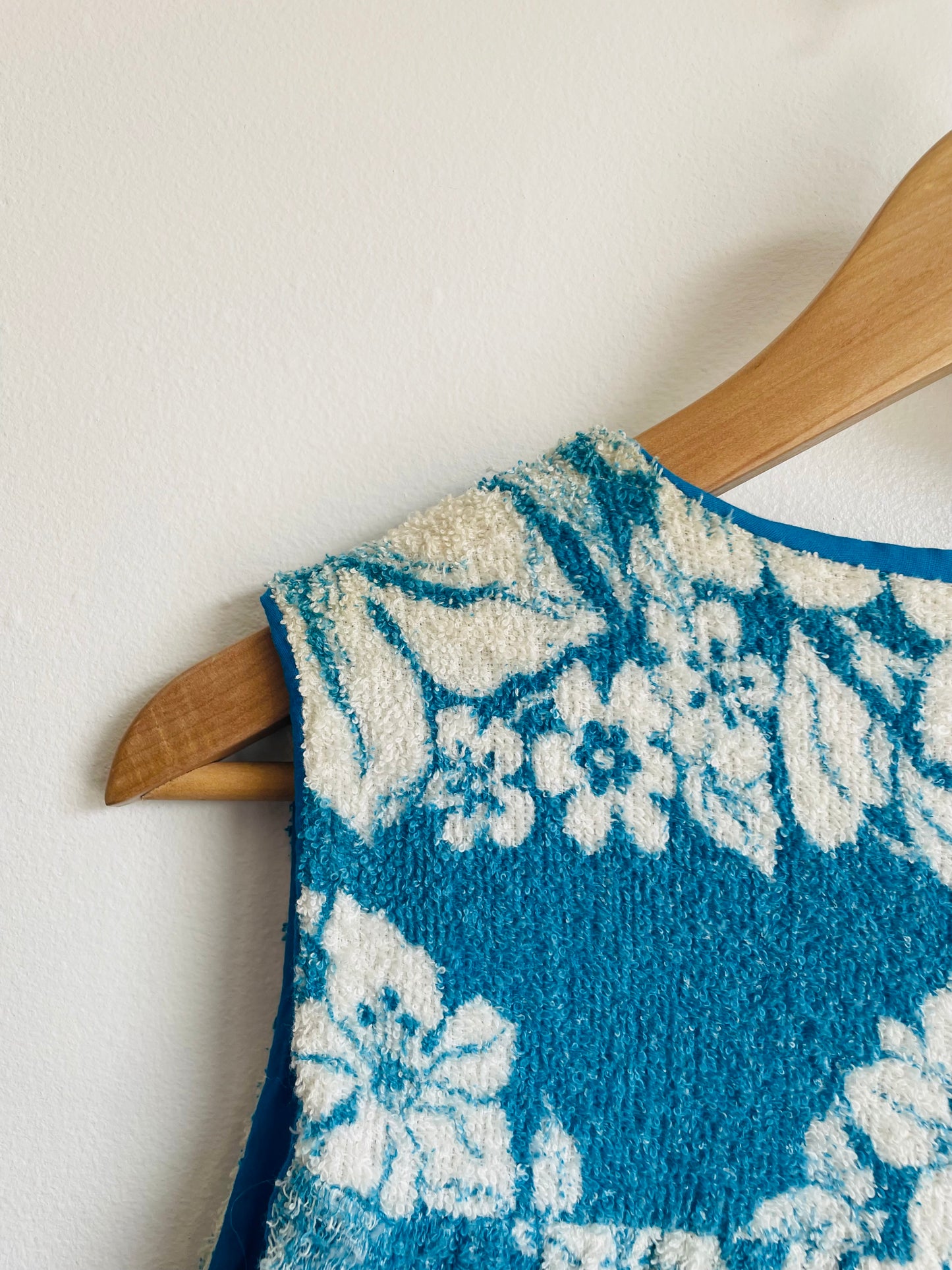 Zippered Terry Cloth Towel Dress or Beach Cover-Up with Pockets & Blue & White Tropical Hibiscus Flower Design