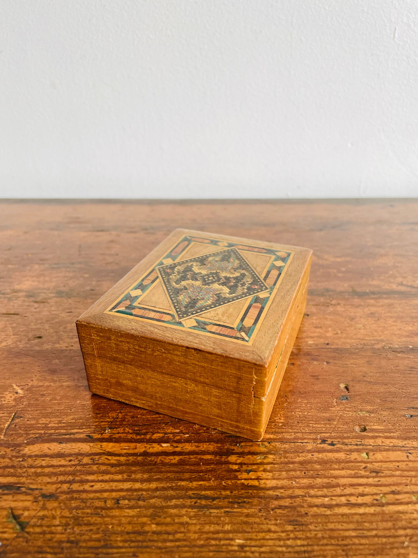 Antique Tunbridge Ware Wood Box with Mosaic Inlaid Pattern - Trinkets or Jewellery!