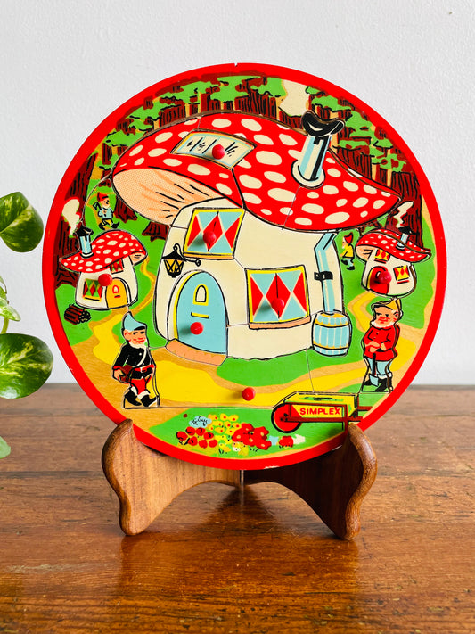 Vintage Simplex Round Wooden Knob Handle Puzzle with Gnome & Mushroom House Design - Made in Holland