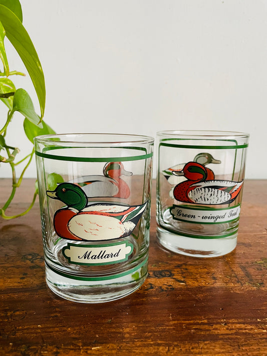 Vintage Georges Briard Heavy-Bottomed Bird Tumbler Drinking Glasses - Green-Winged Teal & Mallard Ducks - Set of 2