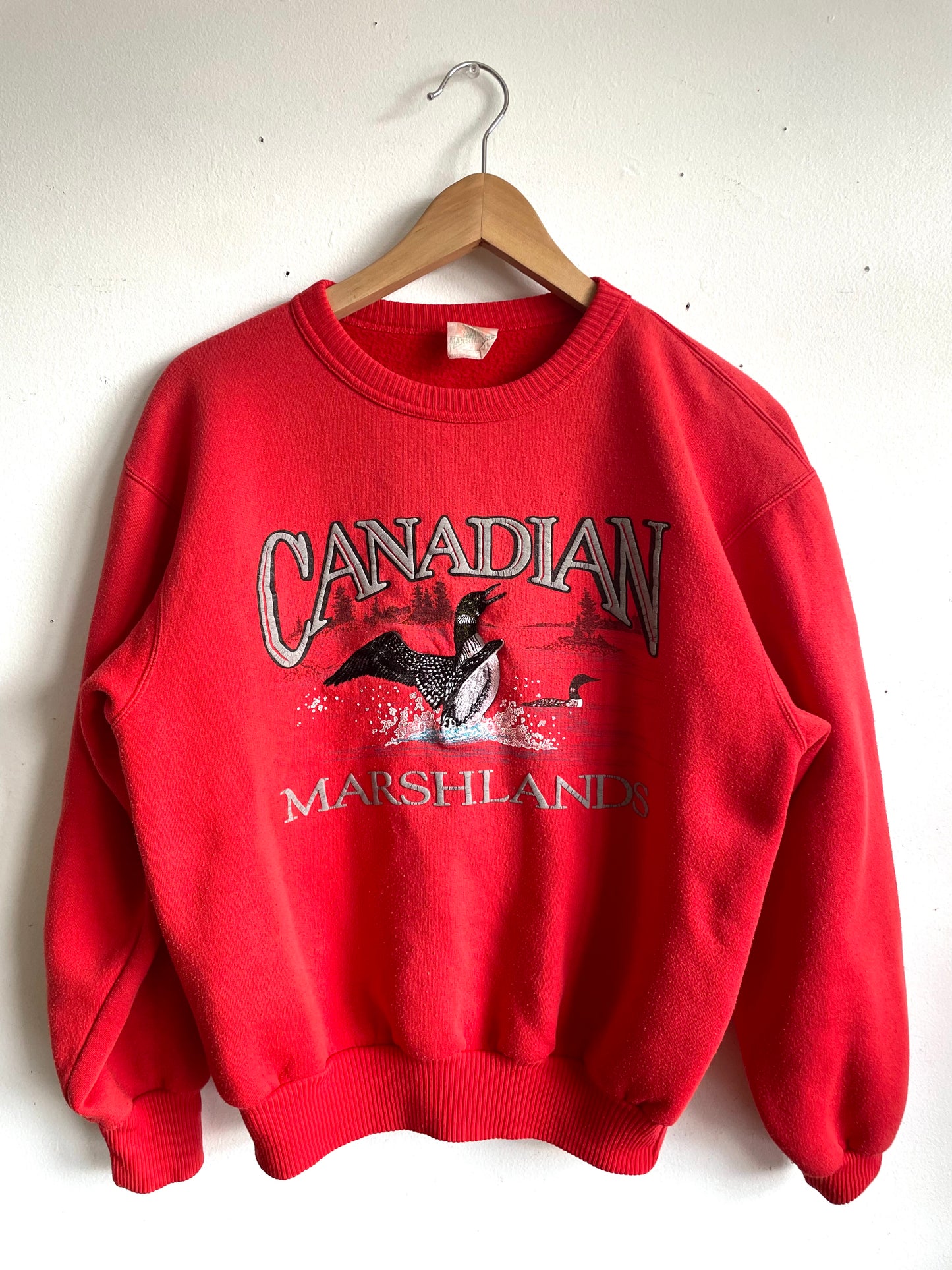 Vintage 1990s Canadian Marshlands Red Crewneck Sweatshirt with Embroidered Loon Bird Graphic - Made in Canada - Size Medium