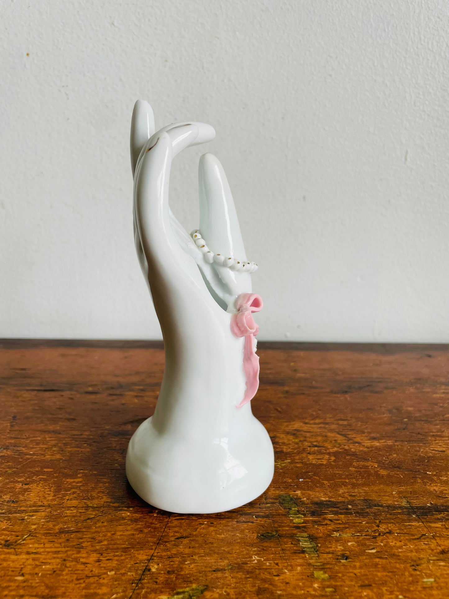 Vintage Porcelain White Hand Bud Vase with Pink Bow & Heart Design