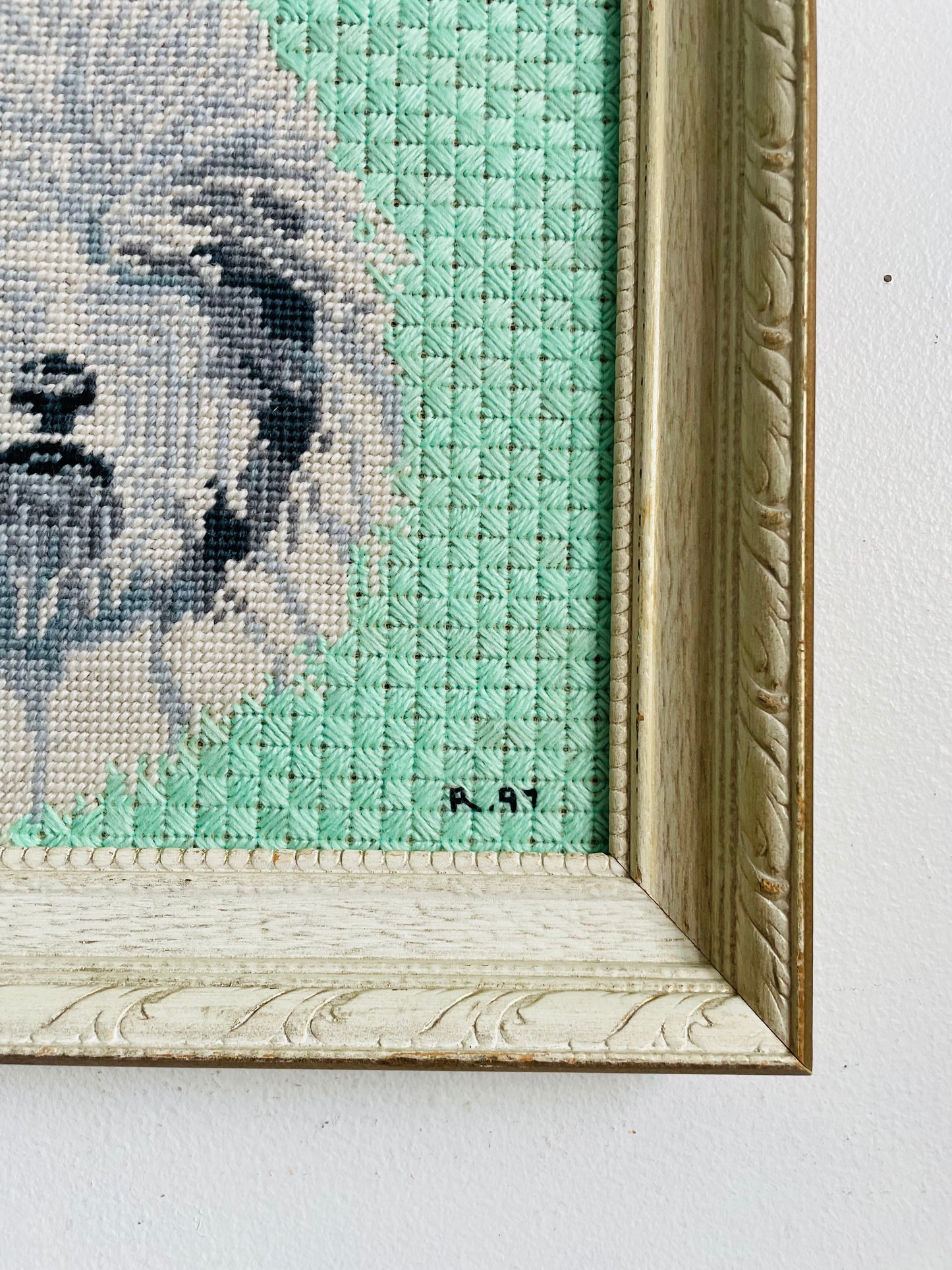 Vintage 1997 Adorable Needlepoint Embroidery Picture of Dog Breeds on Seafoam Green Background in Wood Frame - Beagle, Poodle, Schnauzer, Doberman, St. Bernard & Sheepdog