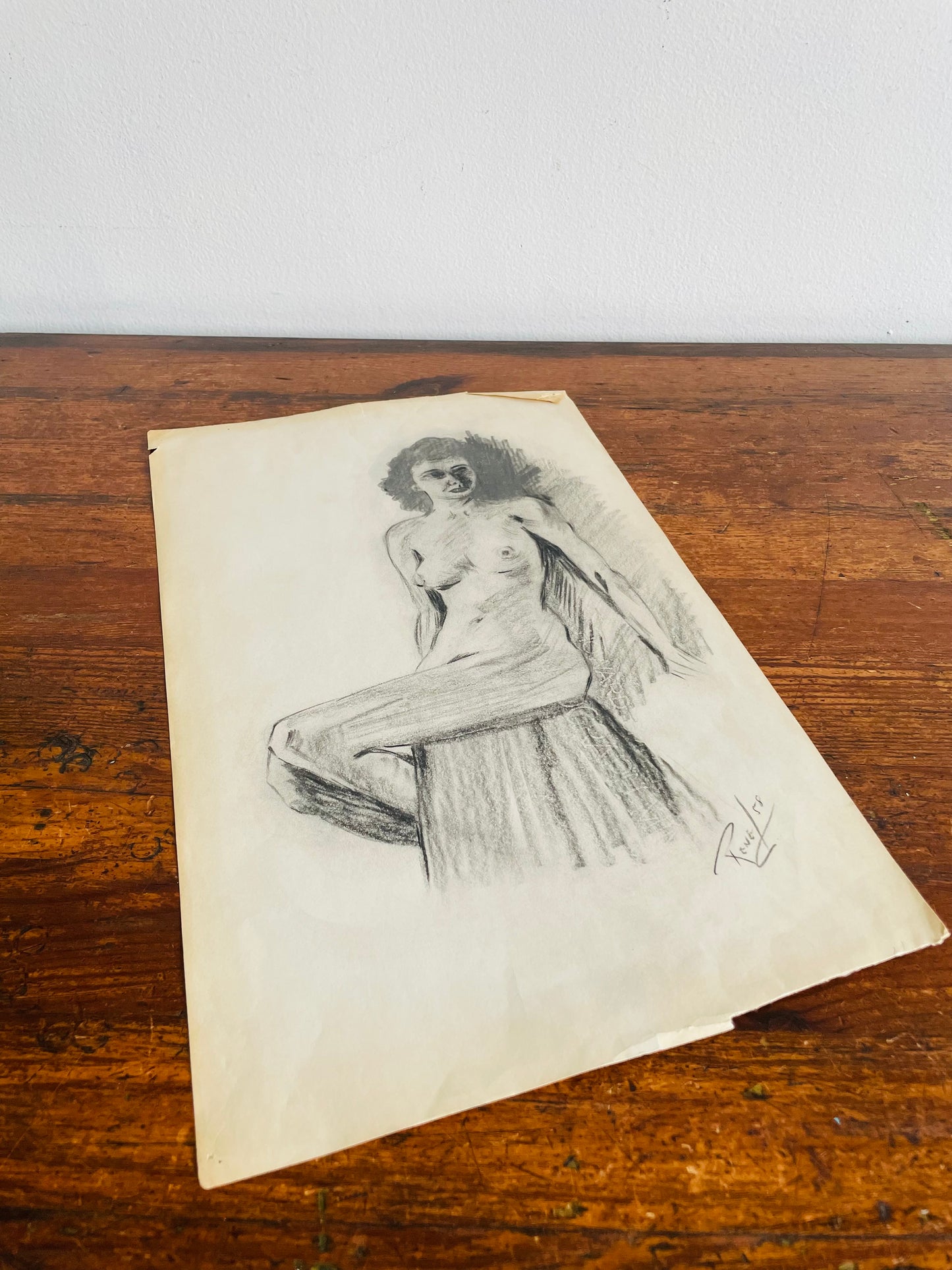 1958 Original Art Academic Nude Portrait Study Sketch on Paper of Woman - Signed Rene