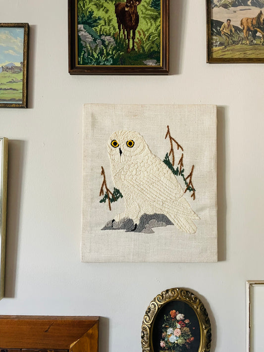 Snowy White Owl Crewel Needlepoint Embroidery Picture - 1972 Valley Craft Canada