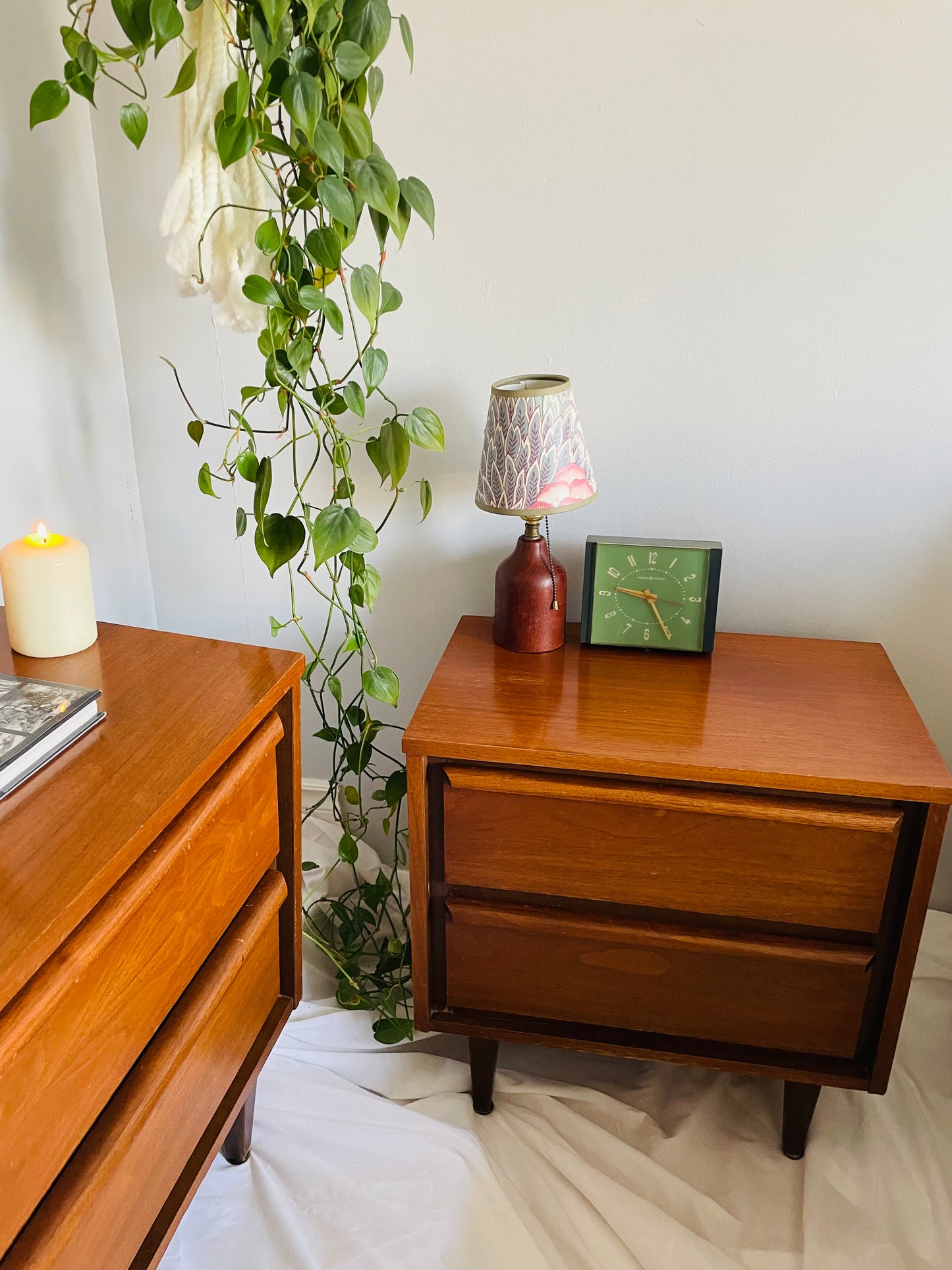 Mid-Century Modern Walnut Wood Nightstand Tables - Set of 2 - Stamped September 1966 - PICK-UP ONLY