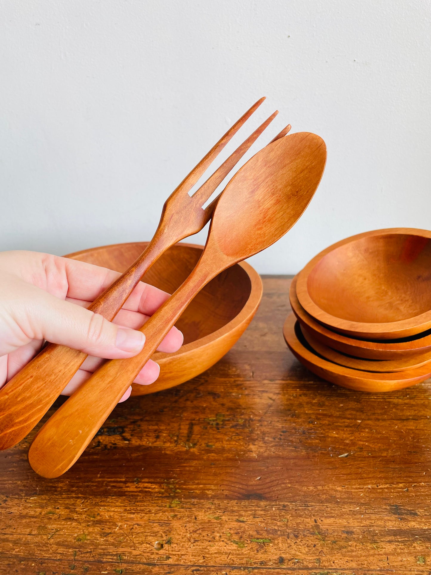 Vintage Brand New in Box Baribocraft / Lesko Baribo Maid Wooden Salad Serving Bowl Set with Utensils - Made in Quebec, Canada - Set of 7 Pieces
