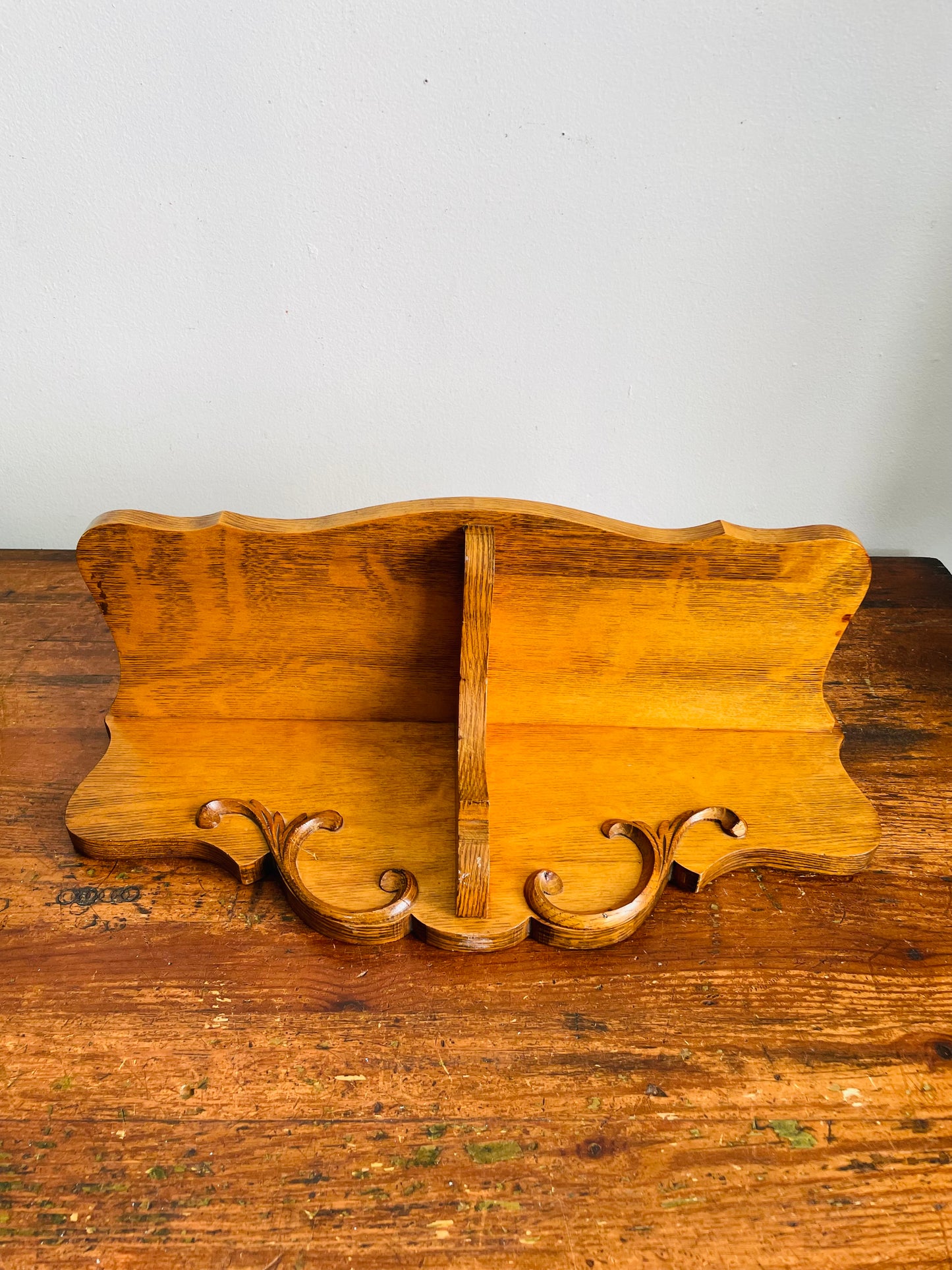 Vintage Solid Oak Wood Wall Hanging Shelf with Raised Scroll Design