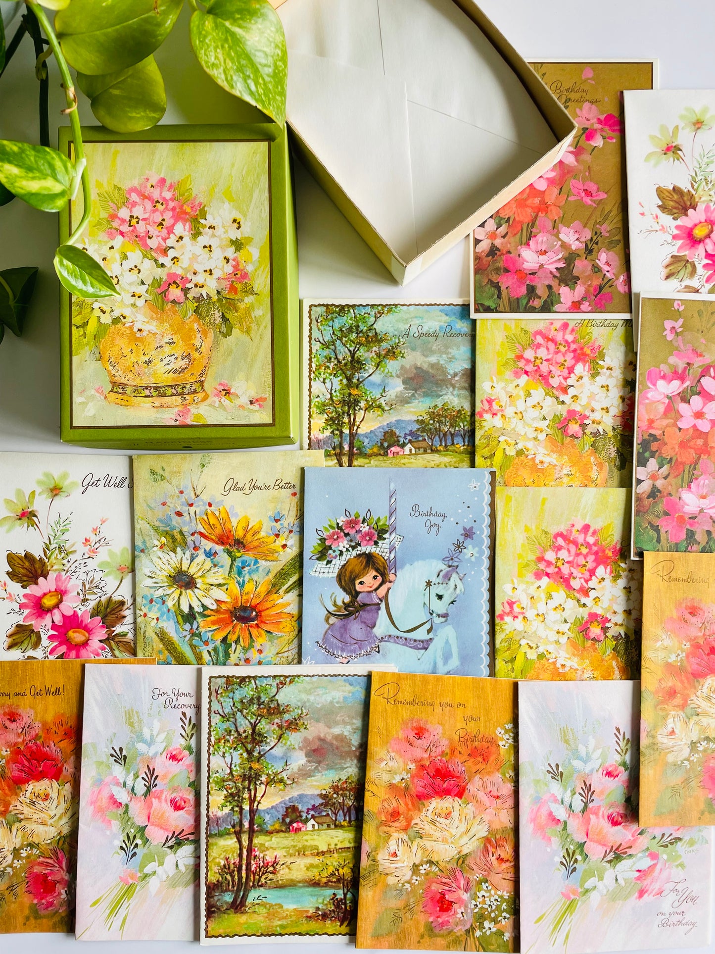 Vintage Box of Unused Assorted Greeting Cards for All Occasions - Floral & Cheerful Colourful Theme - Set of 15 with Envelopes