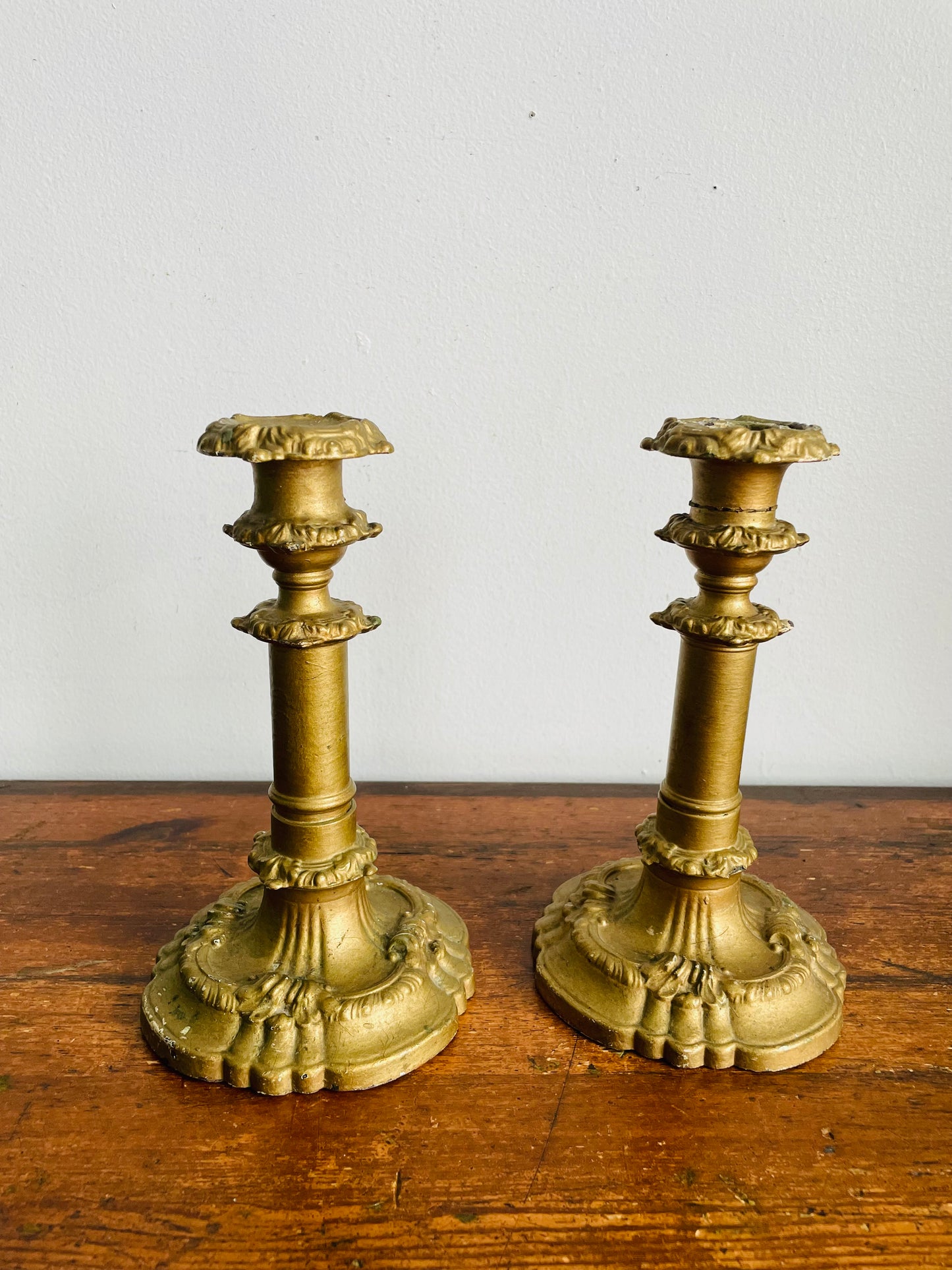 Vintage / Possibly Antique Iron Candle Holders with Plaster & Gold Finish - Very Sturdy & Solid - Set of 2