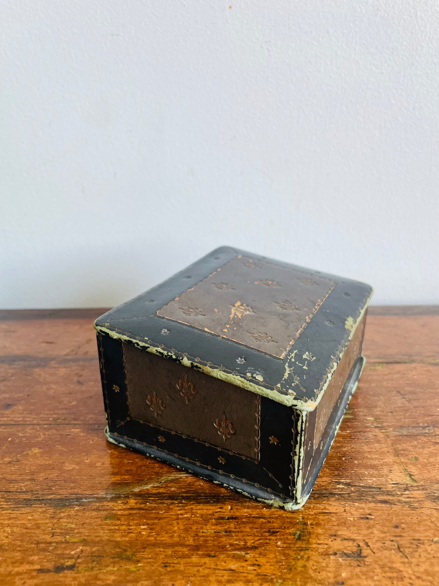 Vintage Black & Brown Italian Tooled Leather Box with Sloped Design & Hinged Lid - Wood Interior