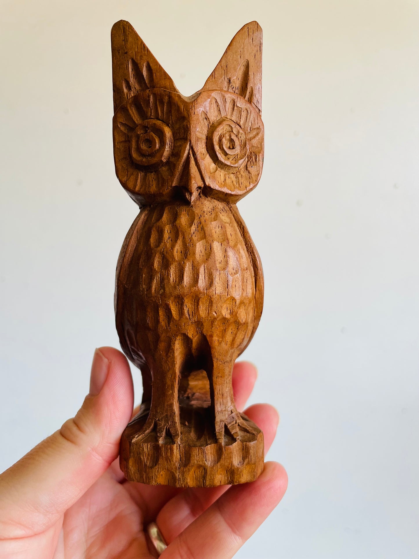 Vintage Mid-Century Modern Hand Carved Wood Owl Statue Figurine with Big Eyes