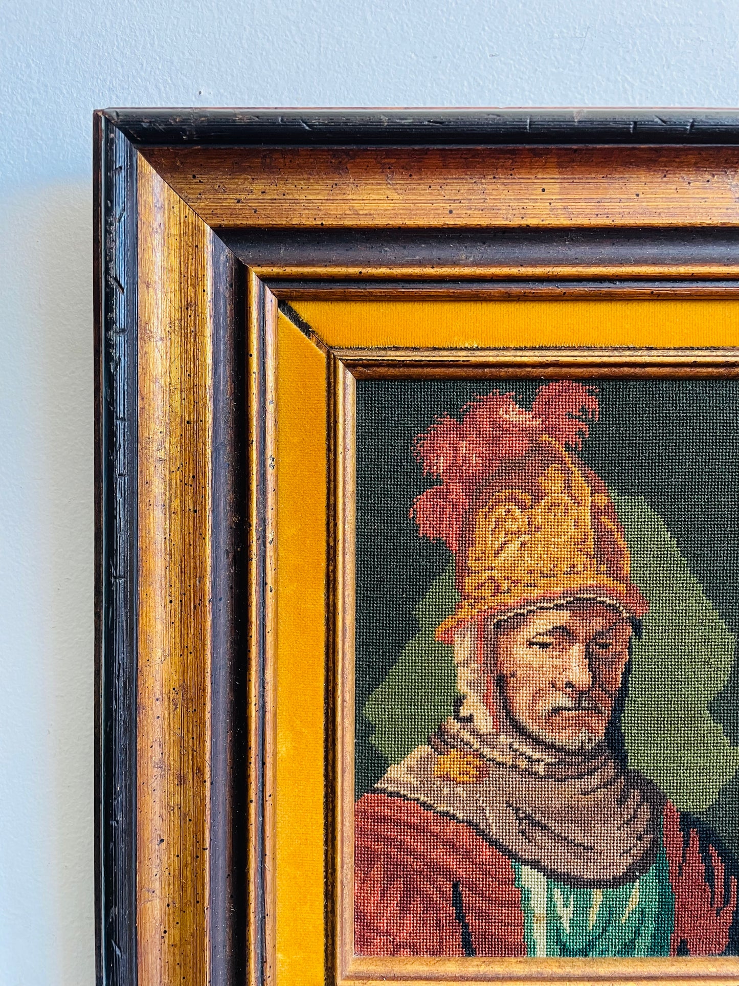 Vintage "The Man With The Golden Helmet" by Rembrandt Needlepoint Embroidery Picture