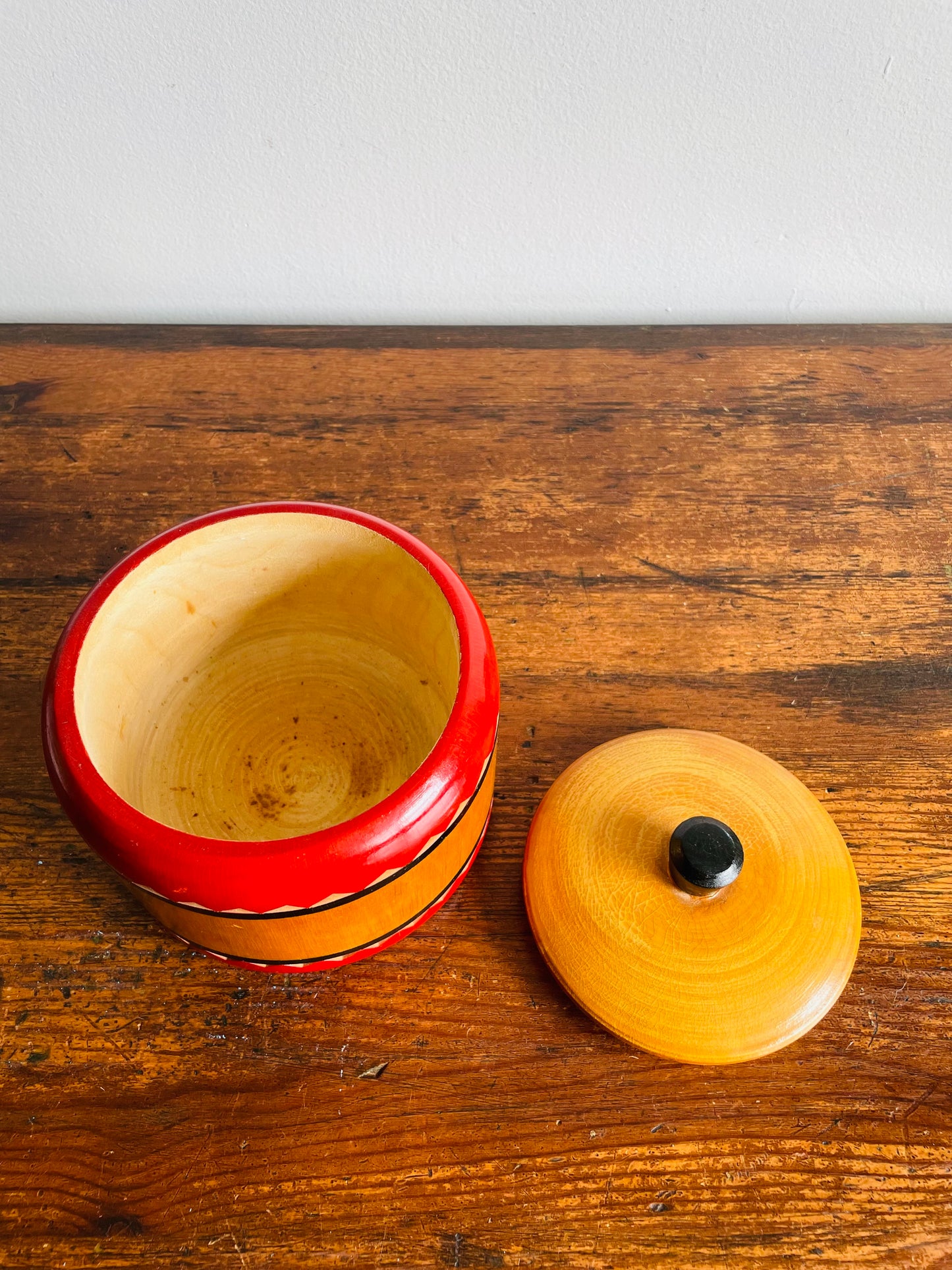 Eastern European Round Wooden Trinket Box with Lid & Handle