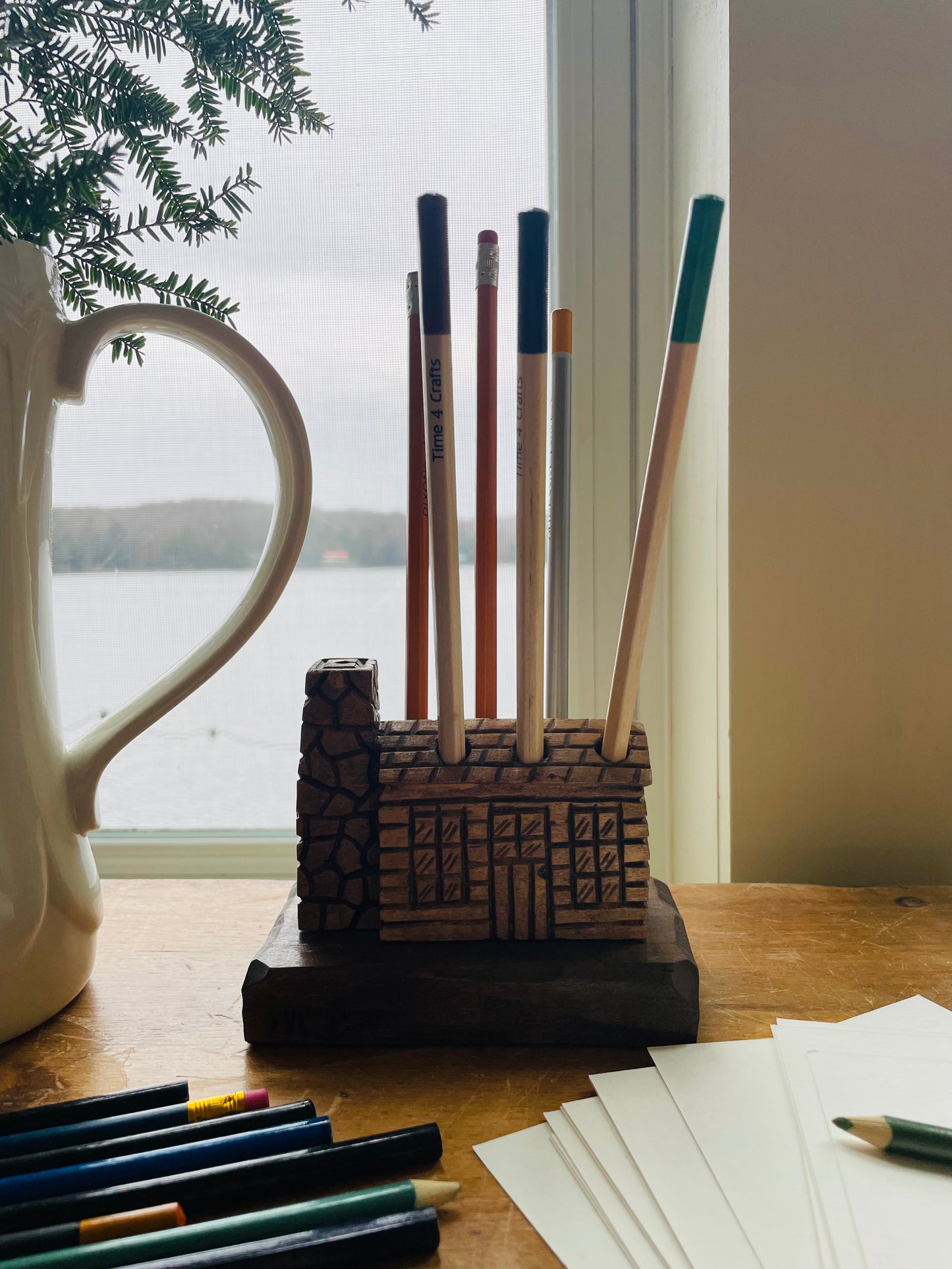 Handmade Carved Wood Log Cabin Pen or Pencil Holder