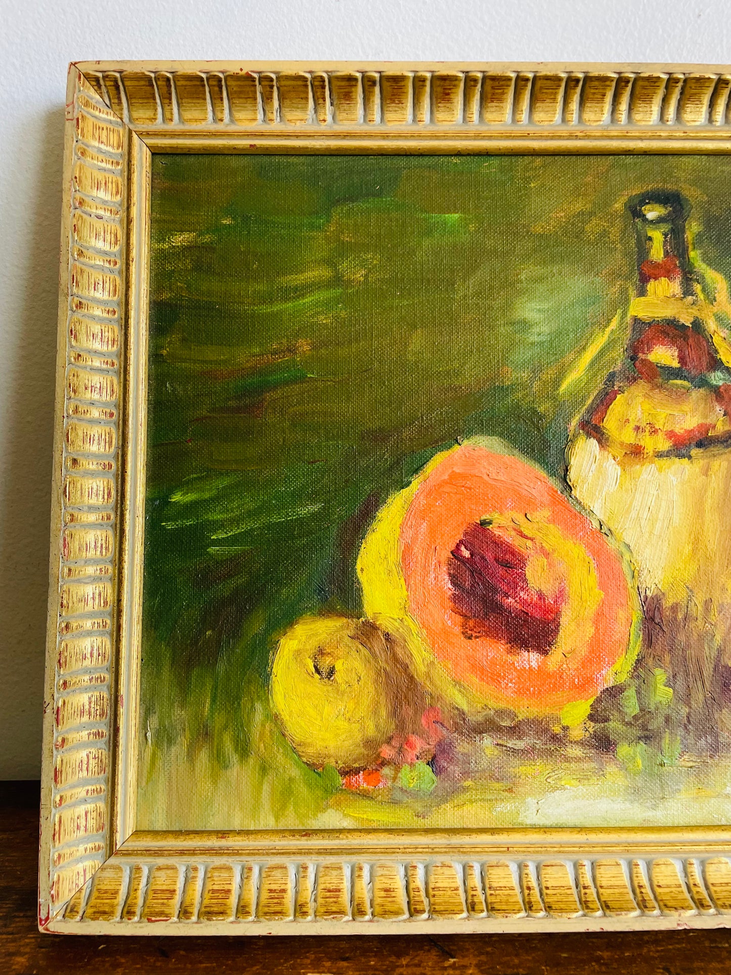 Vintage Original Art Painting of Still Life Scene with Cantaloupe, Other Fruit & Wine Jug - Signed Leo Harris