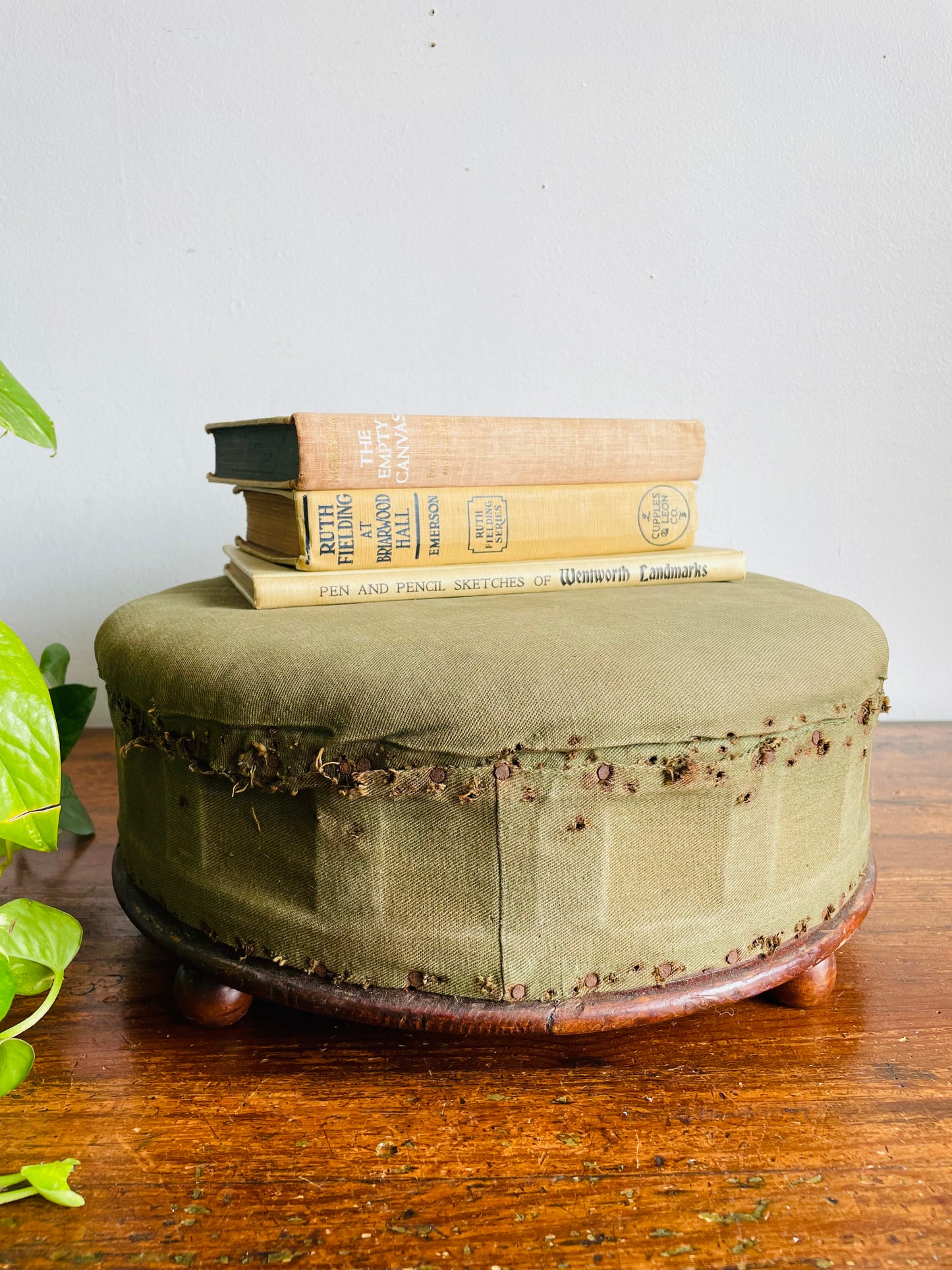 Antique Round Green Straw Stuffed Footstool with Solid Wood Base & Knob Feet