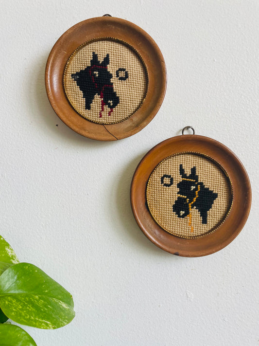 Mini Round Horse Equestrian Needlepoint Embroidery Pictures in Wood Frames - Set of 2