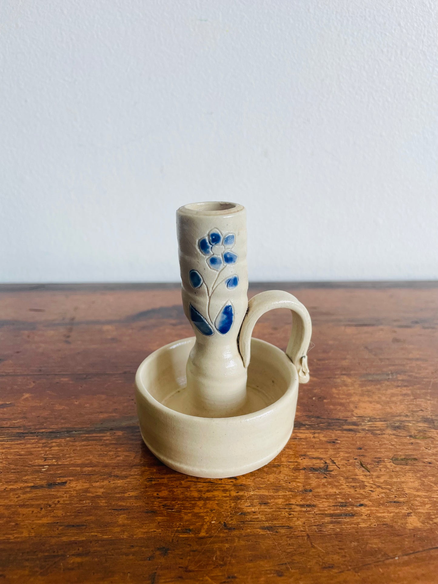 Studio Art Pottery Chamberstick Candle Holder with Painted Blue Flower