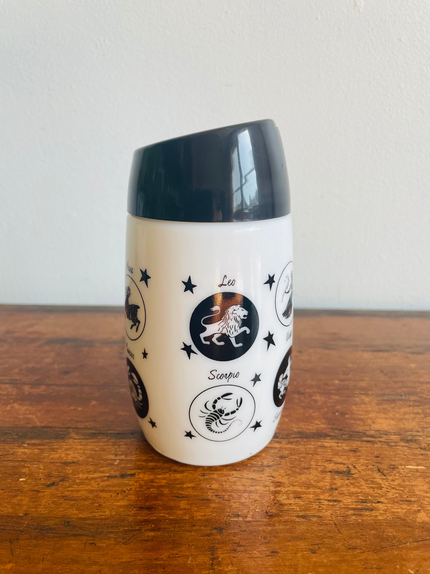 Black & White Milk Glass Horoscope Sugar Pour Dispenser with Zodiac Sign Graphics