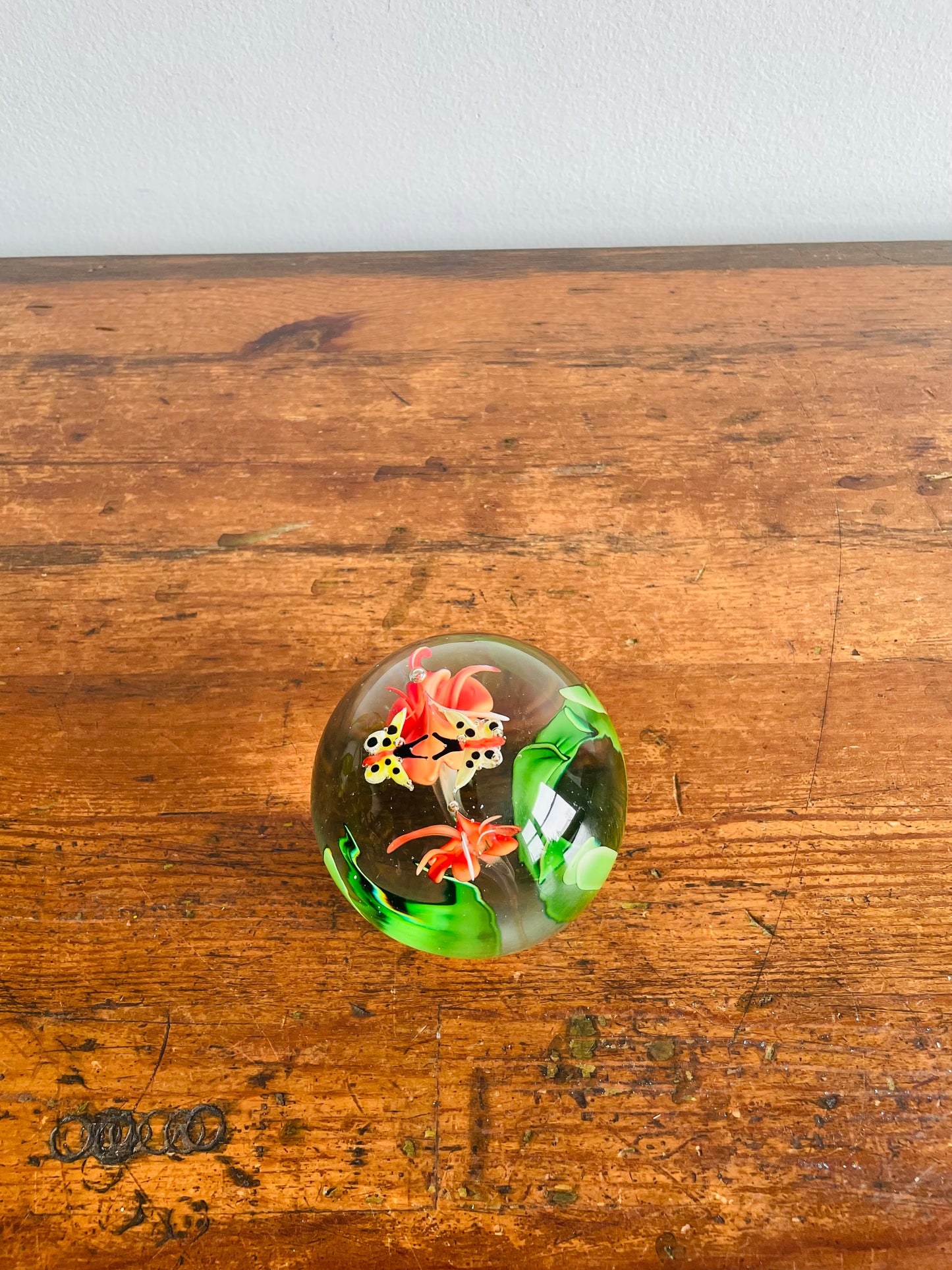 Italian Murano-Style Blown Glass Paperweight with Butterflies & Flowers