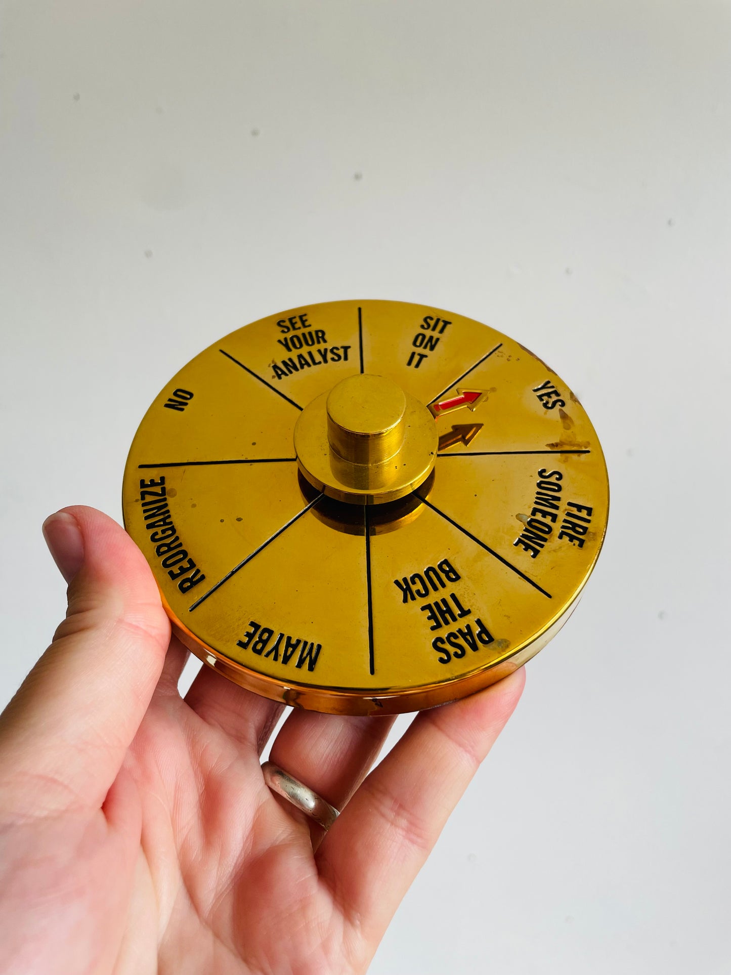 Vintage Brass Executive Decision Maker Desk Toy Paperweight - Made in Hong Kong - Spin the Arrow to Help You Decide!