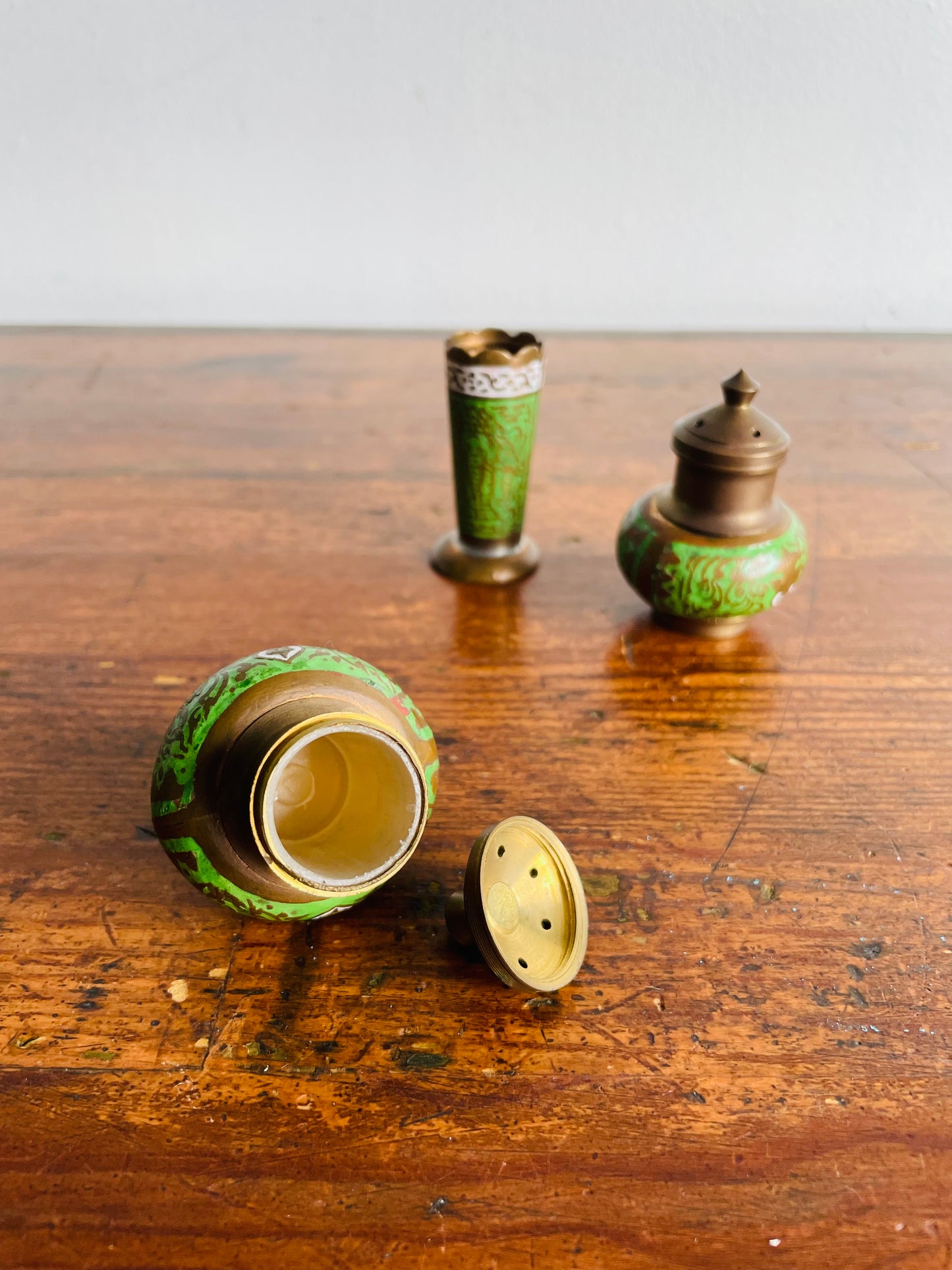 Brass & Enamel Table Set - Salt Shaker, Pepper Shaker, Toothpick Holder & Tray - Set of 4 Pieces