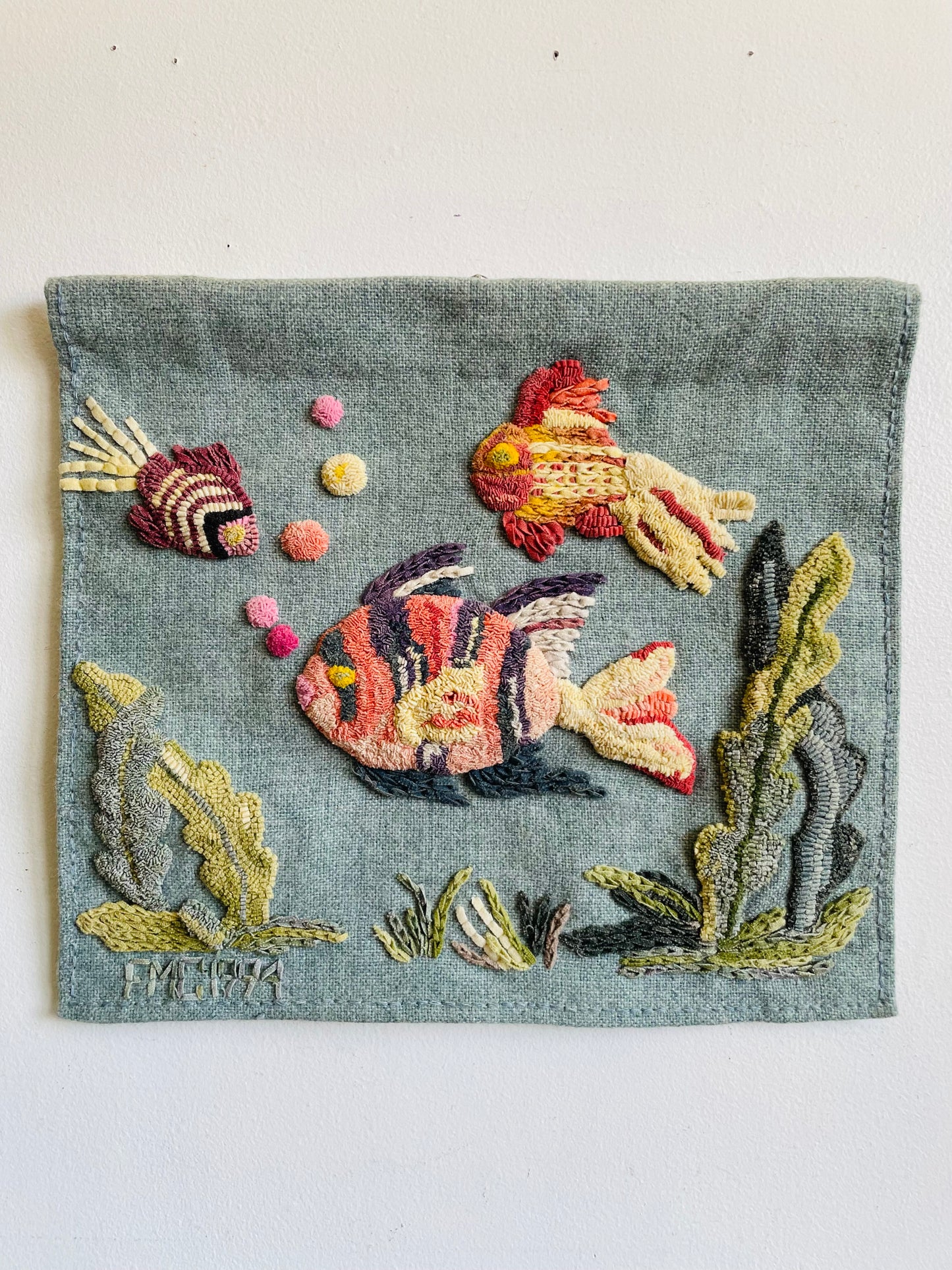 Vintage 1994 Handmade Punch Needle Art Embroidery Wall Tapestry Hanging Picture with Under the Sea Fish & Seaweed Design