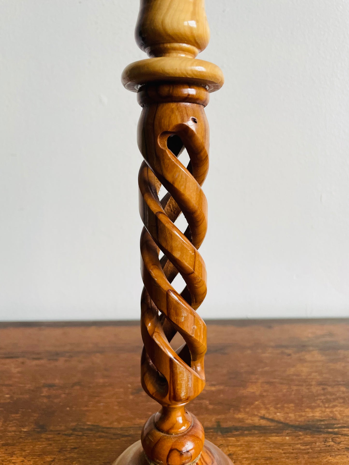 Olive Wood Twisted Spiral Candlestick Holder with Open Barley-Twist