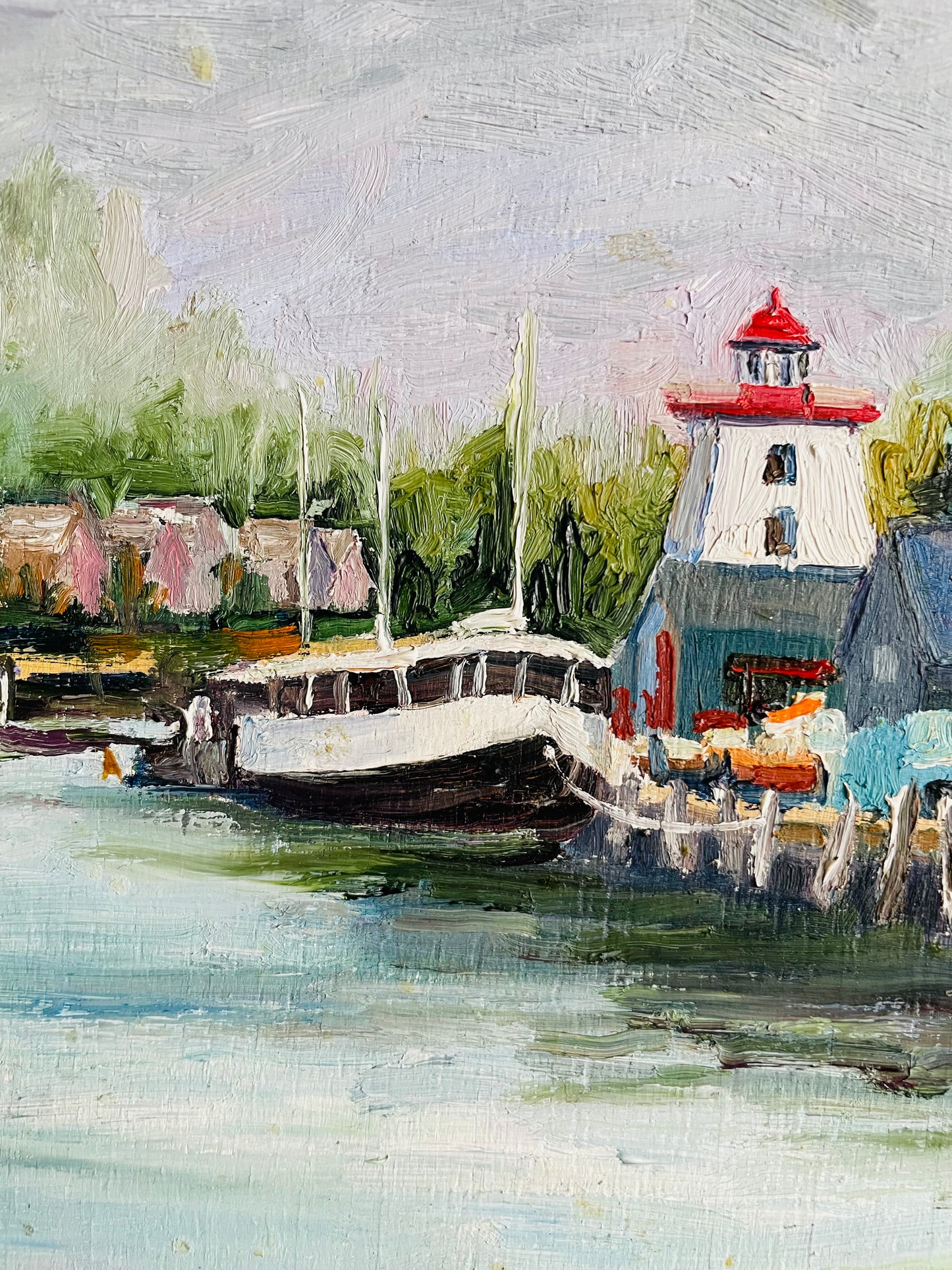 Vintage Original Art Painting Picture of Boats Along Pier in Green Wood Frame - Artist Signed