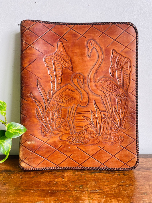 Vintage Tooled Leather 3-Ring Binder Cover with Pockets & Crane Bird Design - Please Read