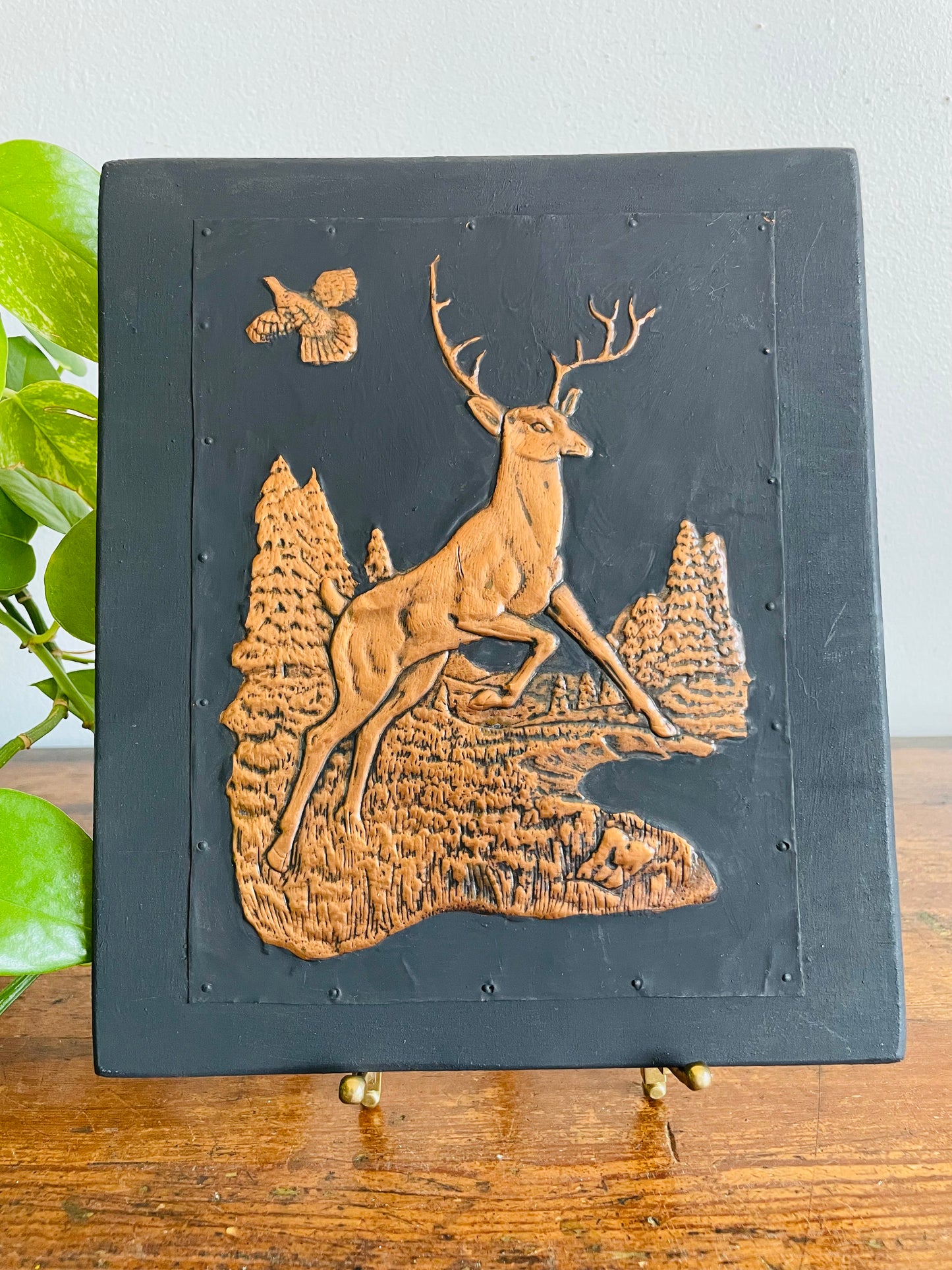 Vintage Embossed Copper on Black Background Picture of Stag Deer & Bird in Flight