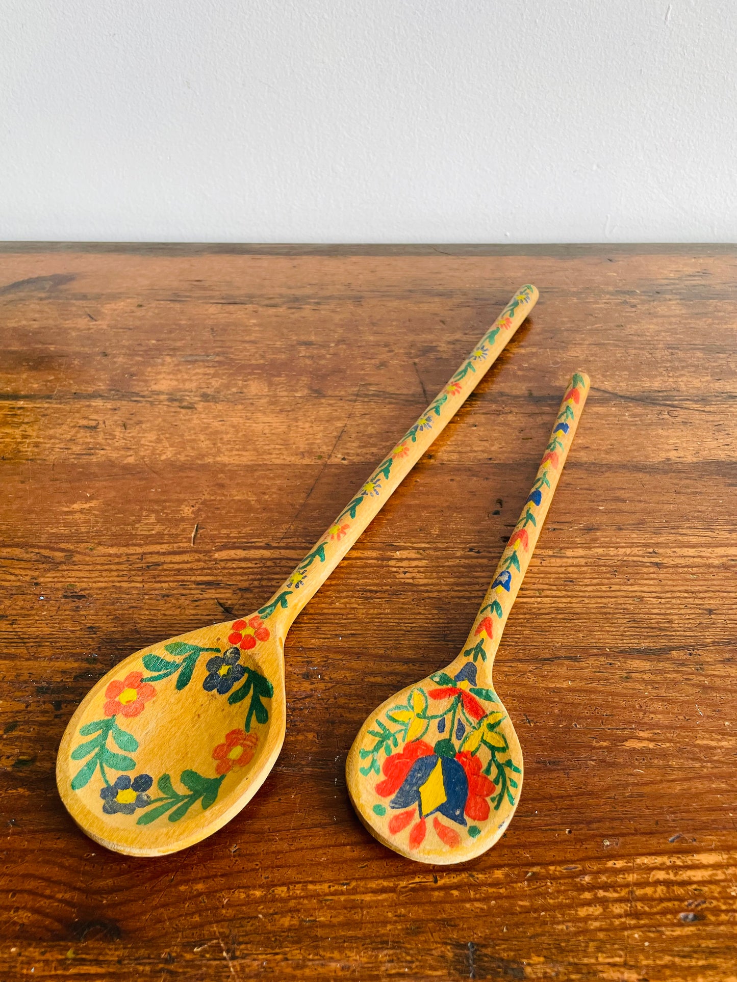 Hand Painted Wooden Spoons with Folk Art Flower Design - Set of 2