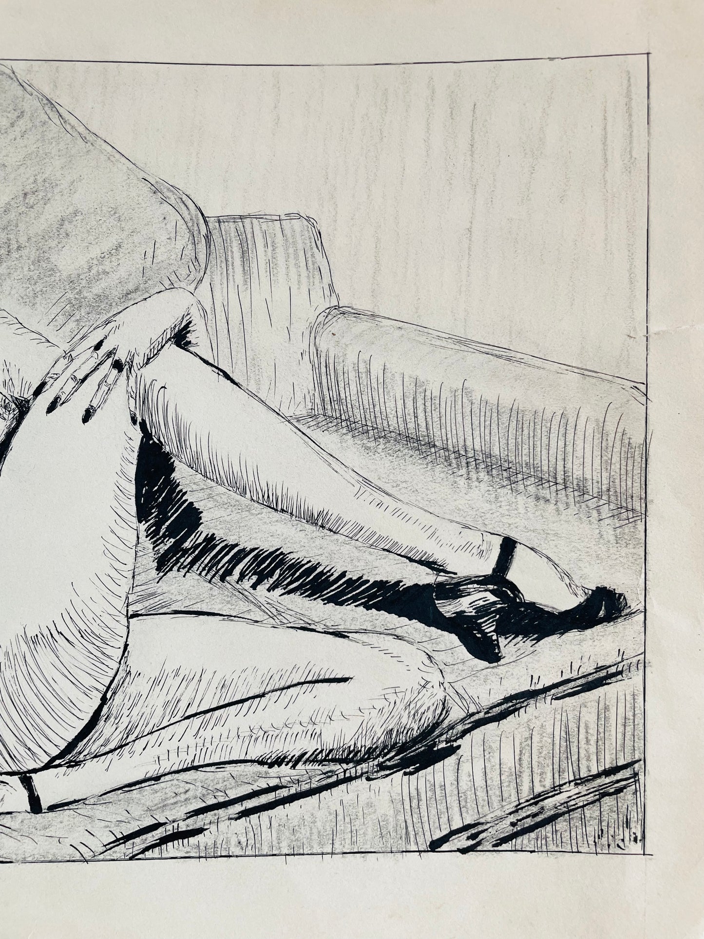 July 1955 Original Art Academic Nude Portrait Study Sketch on Paper of Nude Woman with High Heels