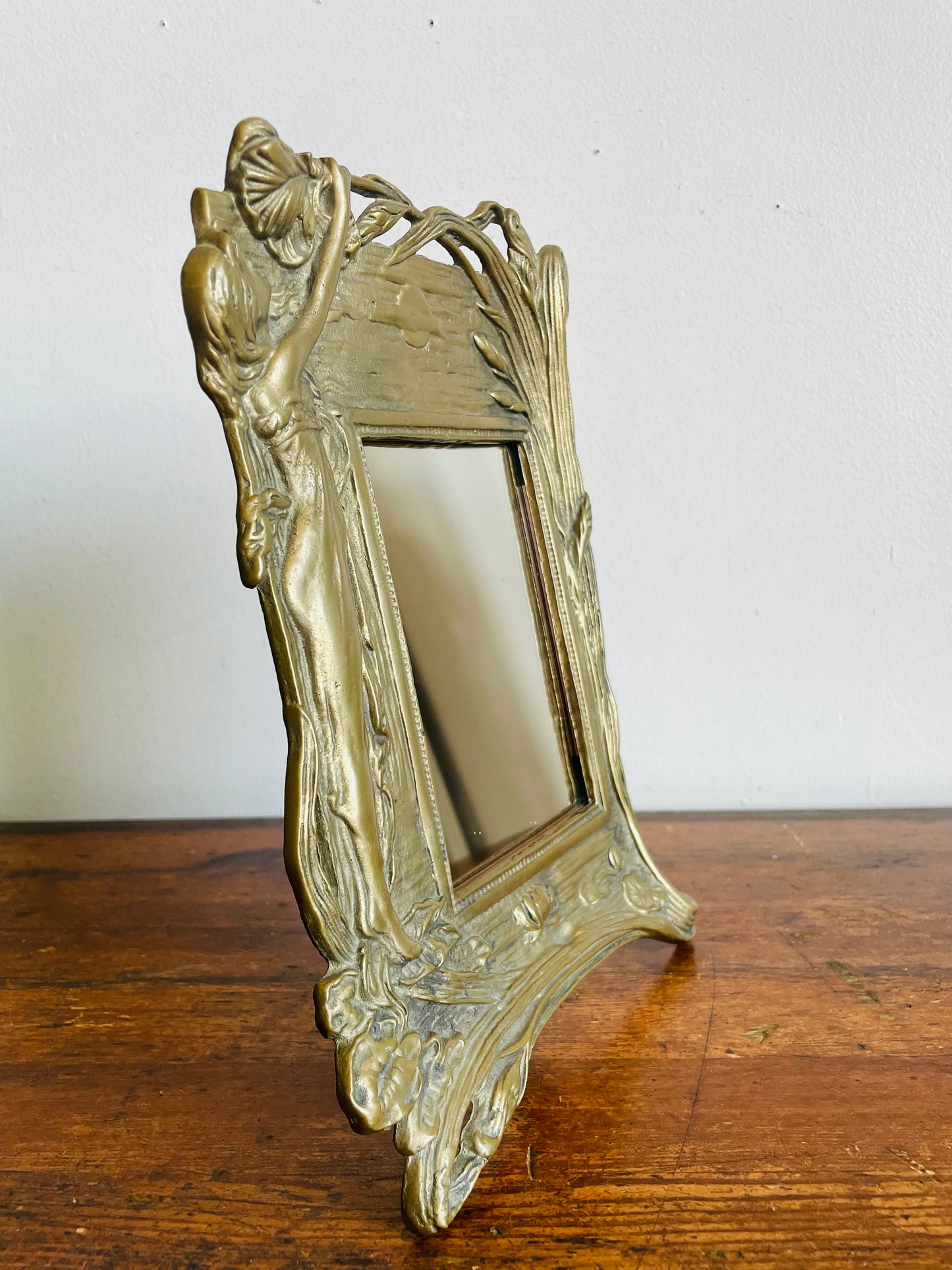 Vintage Heavy Brass Art Nouveau Easel Back Mirror with Fairy Nymph Maiden Under Sun with Flowers - Could Use as a Picture Frame as Well!
