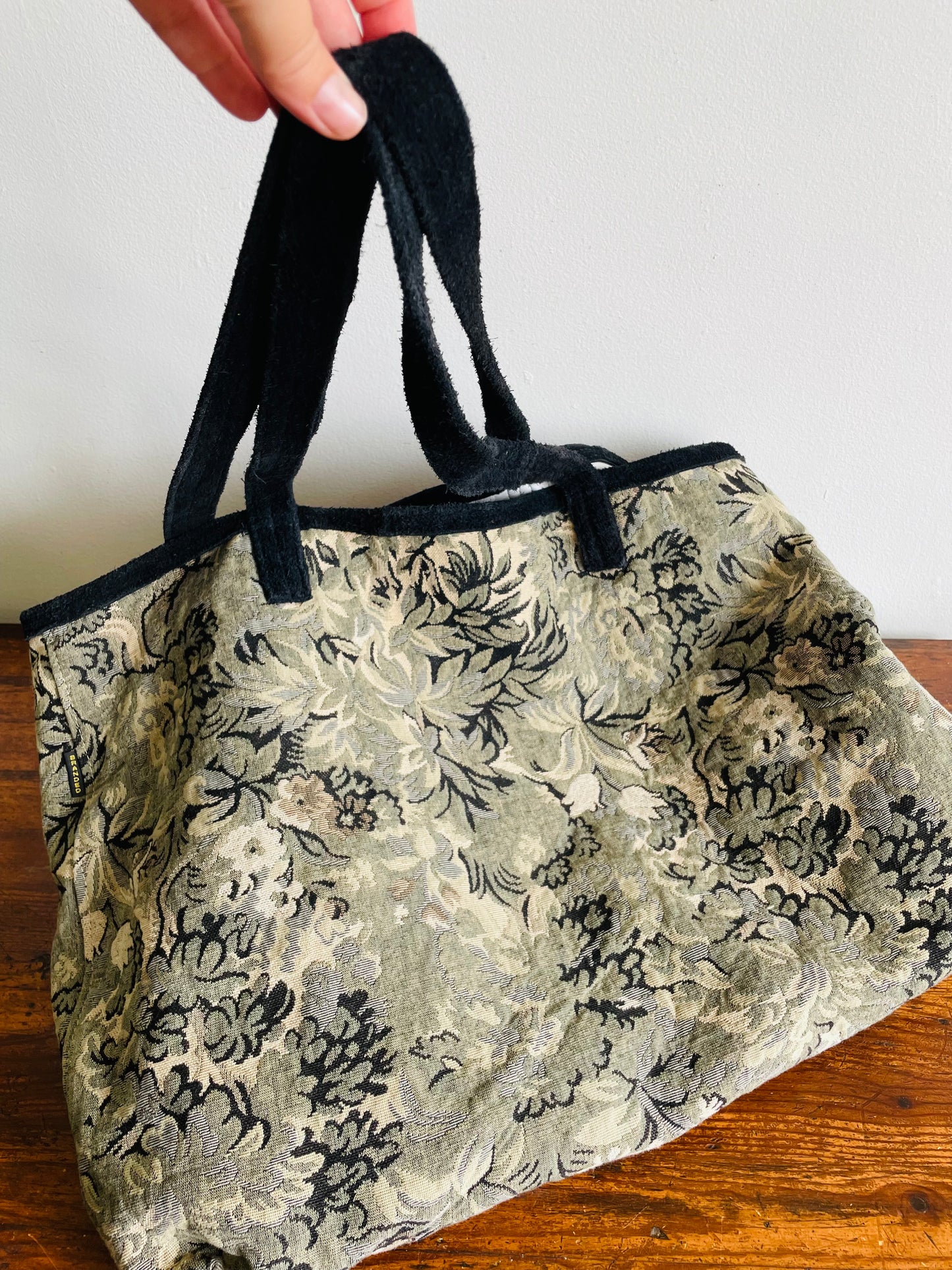 Giant Muted Floral Tapestry Carpet Tote Bag with Leather Handles & Lined Interior - Made in USA