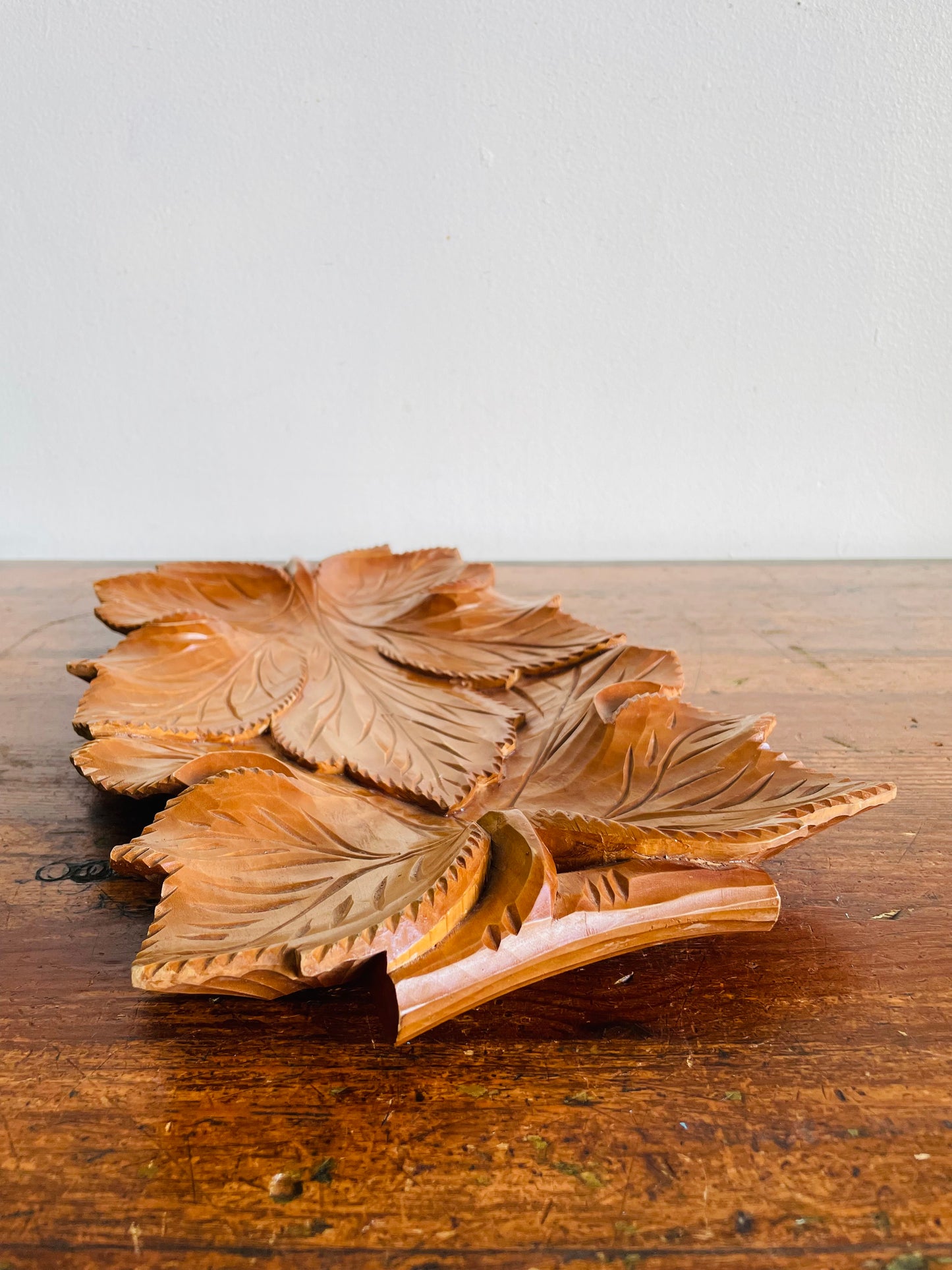 Vintage Gorgeous Carved Wood Tray with Leaf Design & Handles - Can Hang or Lay Flat