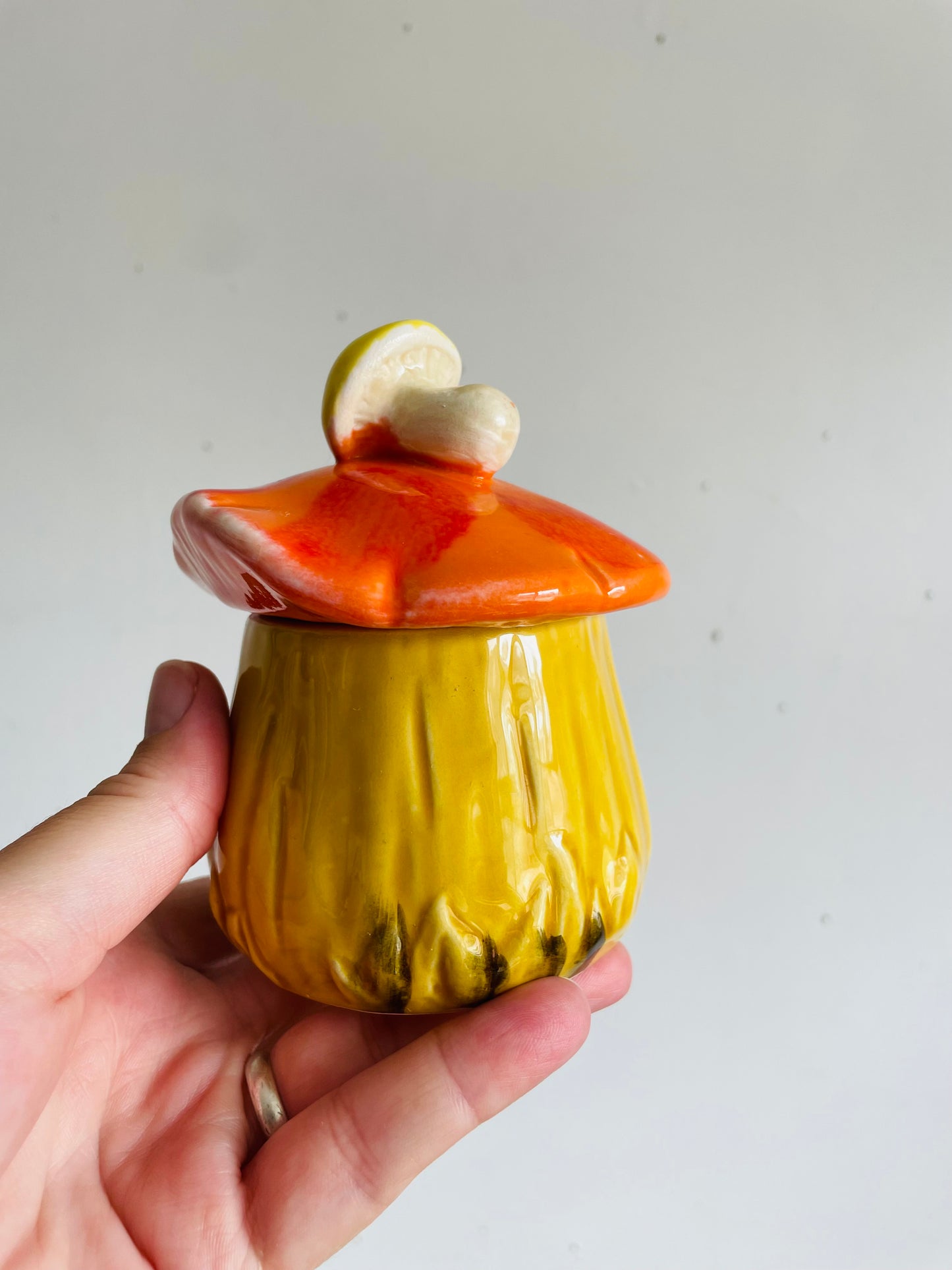 Vintage Bright & Fun Merry Mushroom Canister with Lid & Hole for Spoon - Sugar, Jam, Jelly, Etc. - Made in Japan