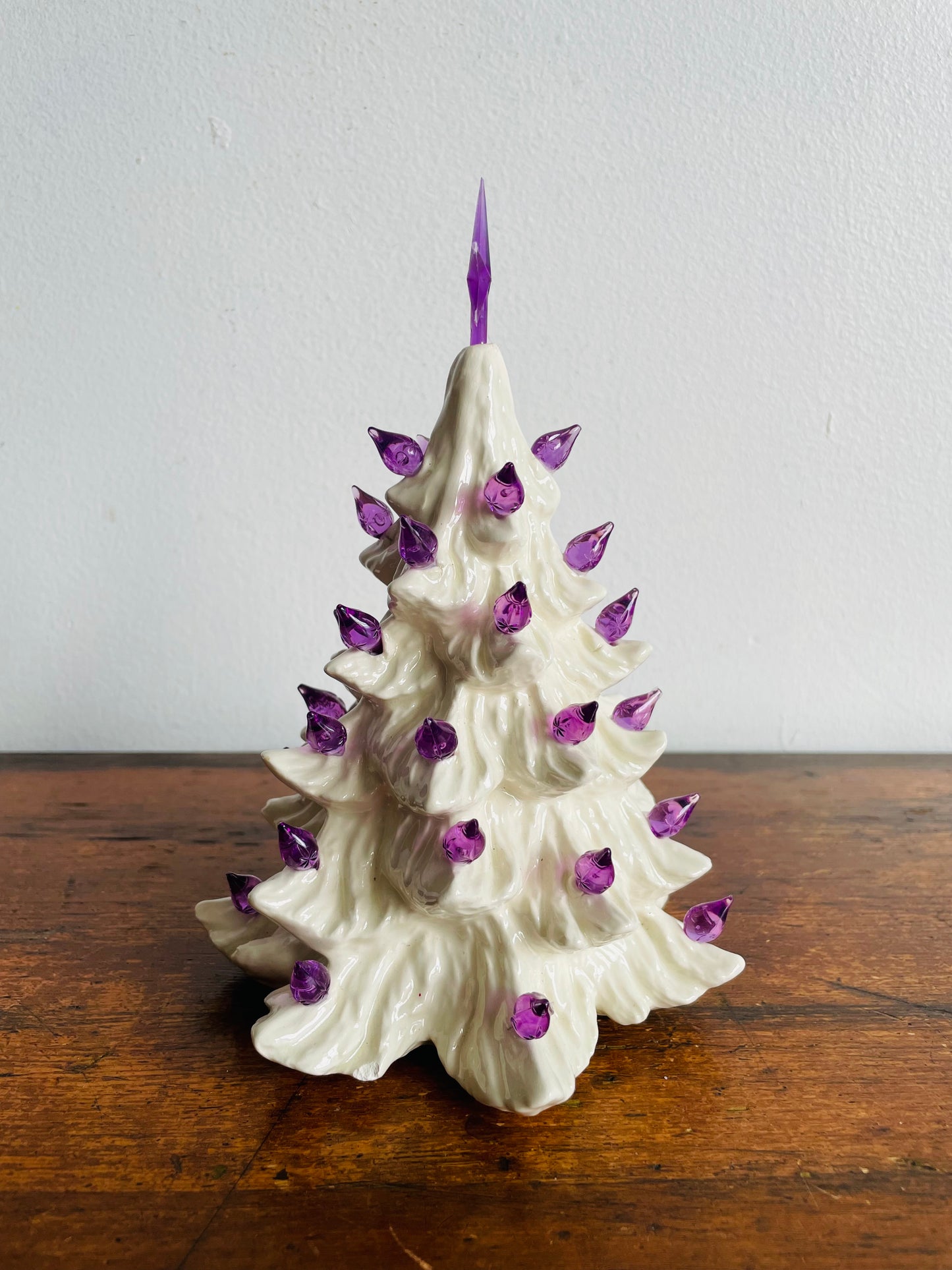 Miniature White Ceramic Light Up Christmas Tree with Purple Bulbs & Star (2005)