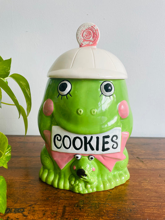 Adorable Bright Green & Pink Frog Cookie Jar - Made in Japan