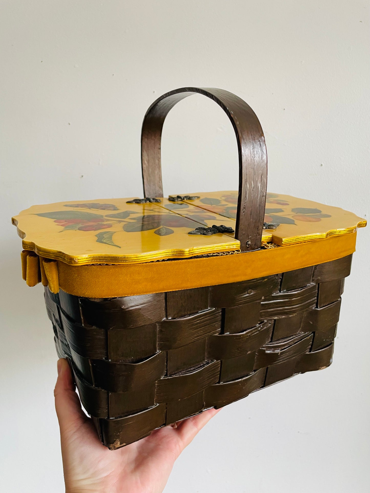 Vintage 1972 Wood Woven Decoupage Basket Purse or Storage Container with Botanical Fruit & Butterfly Design - Artist Signed - Angie 9/72