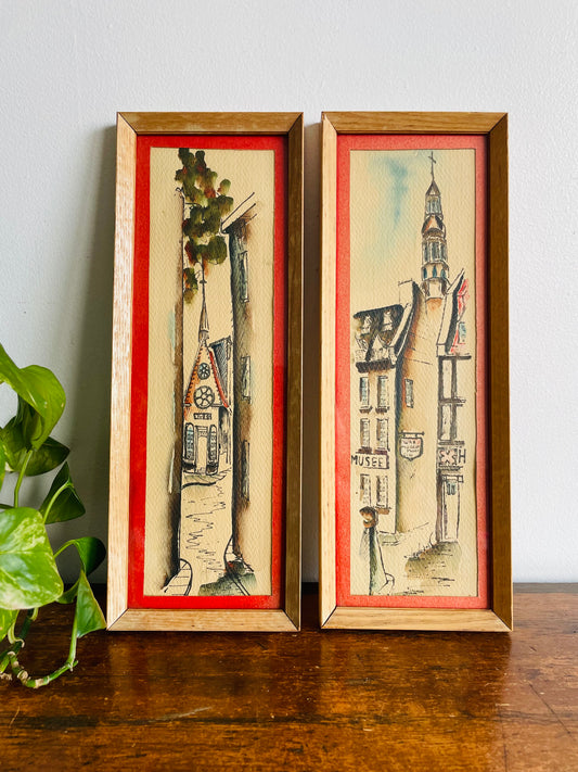 Original Art - 1960s Watercolour Paintings of French Village Scenes - Artist Signed - Set of 2
